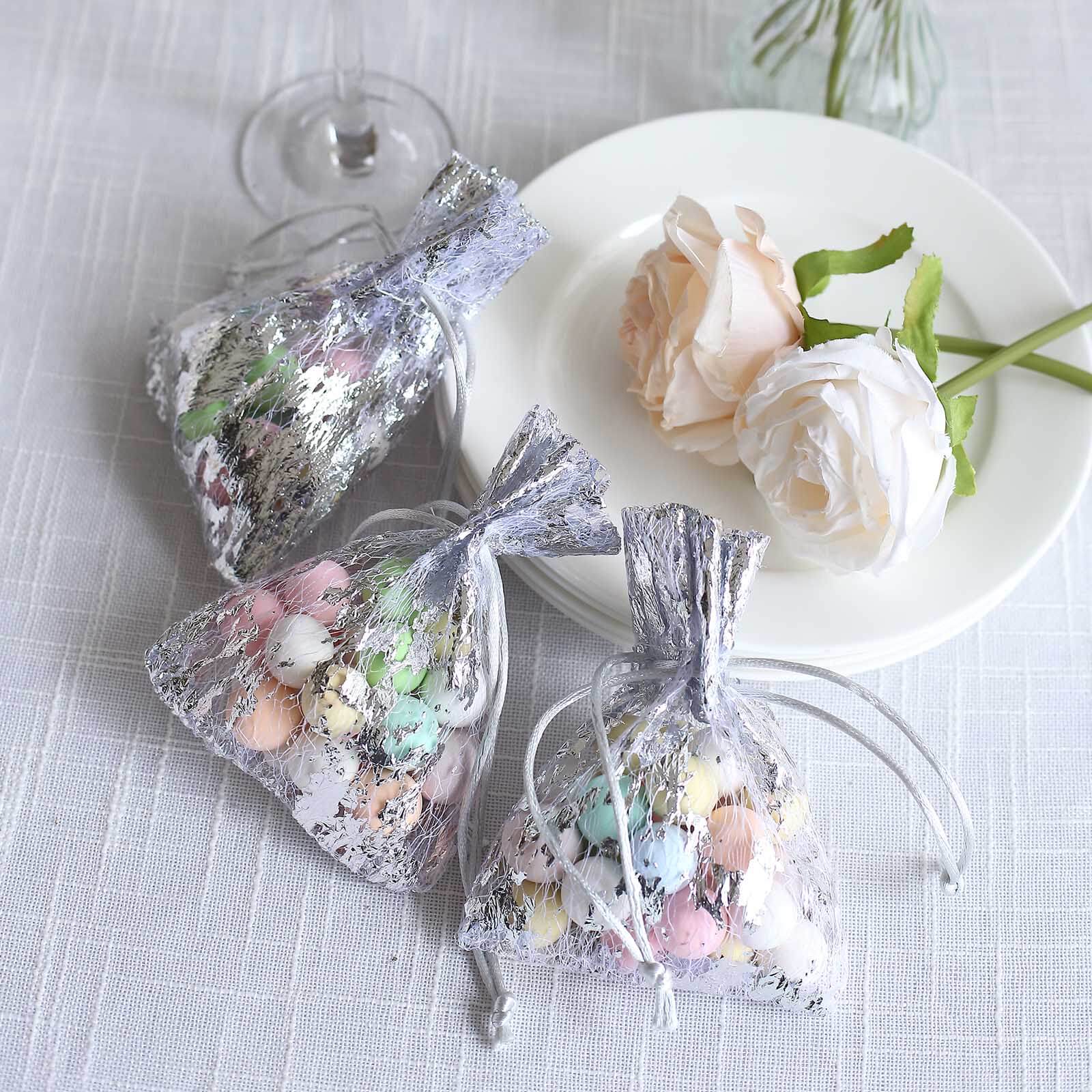 12 Pack Metallic Silver Foil Polyester Drawstring Candy Bags, Wedding Party Favor Bags - 4"x5"
