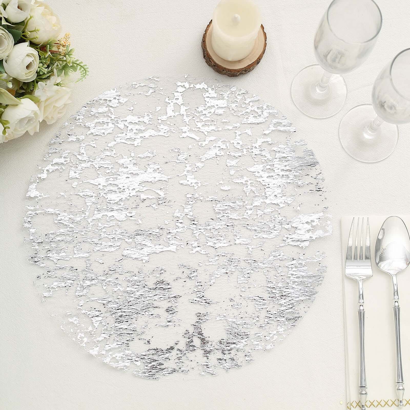 10-Pack Table Placemats Foil Design Metallic Silver Round - Mesh Disposable Shiny Dining Mats 13"