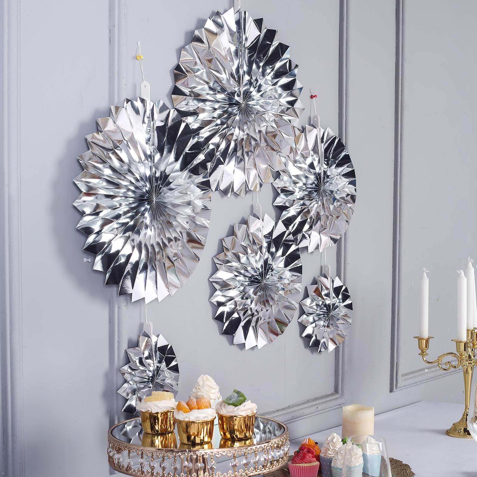 Set of 6 Metallic Silver Hanging Paper Fan Decorations, Pinwheel Wall Backdrop Party Kit - 8", 12", 16"