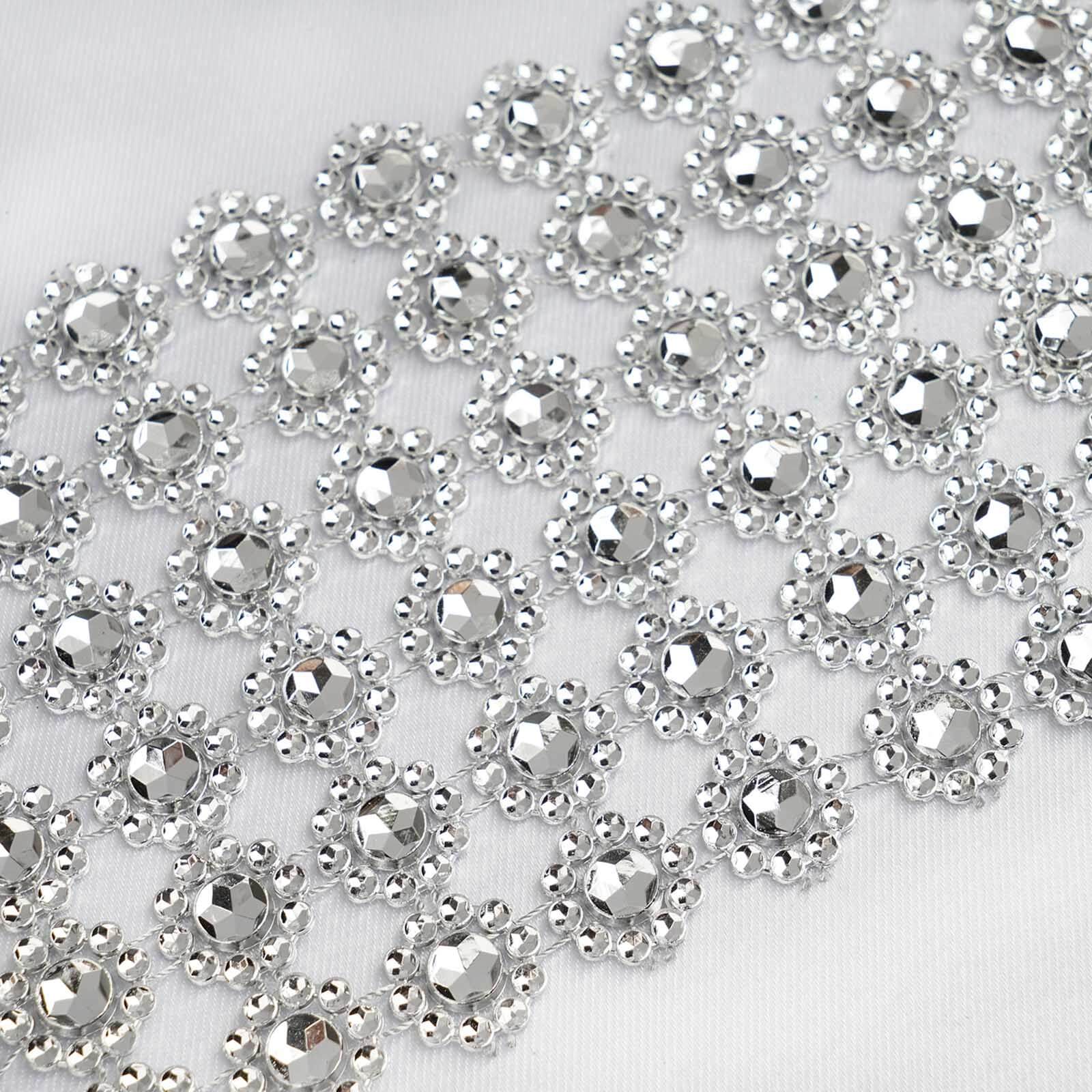 4"x10 Yards Silver Fleur Diamond Rhinestone Ribbon Wrap Roll, DIY Craft Ribbon