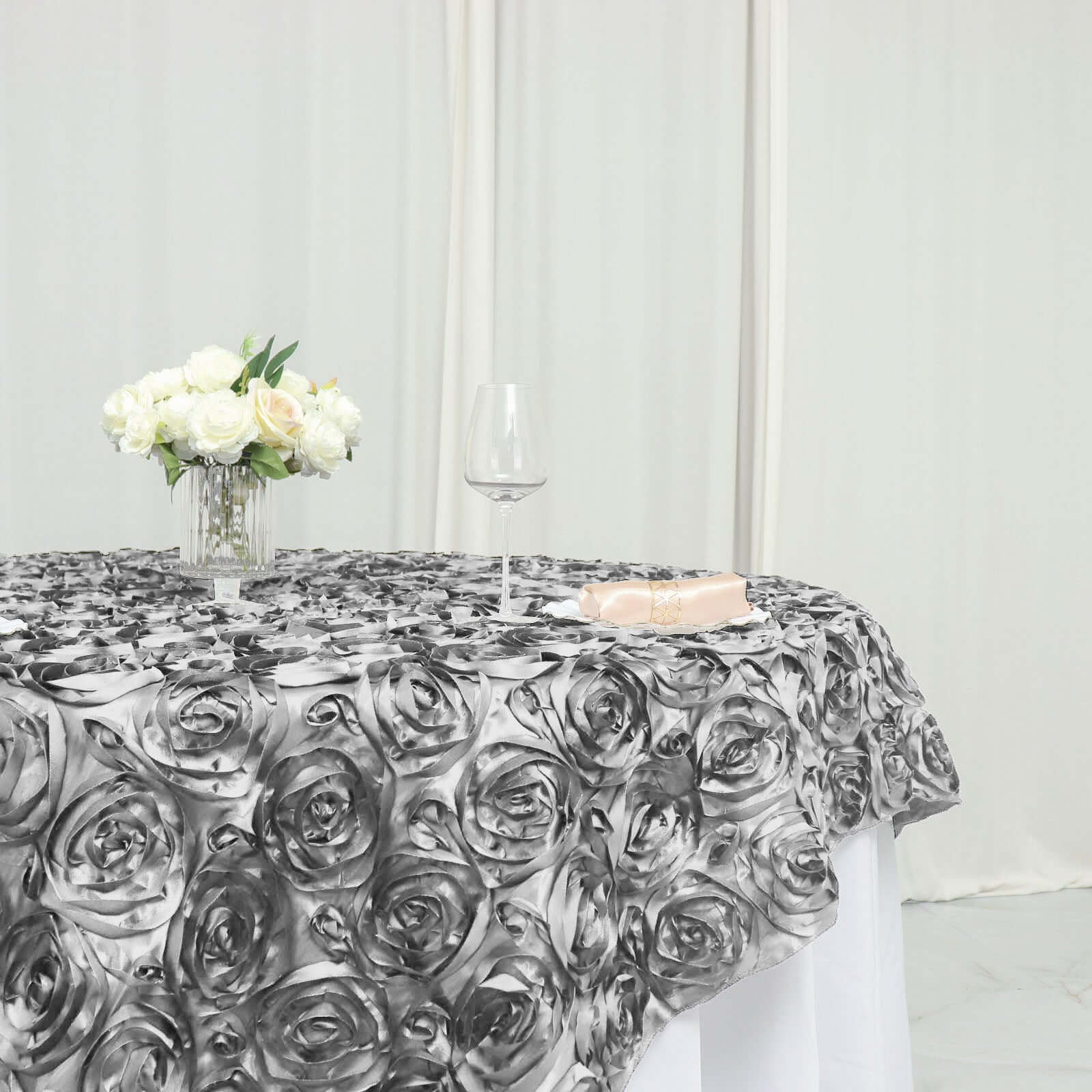 Satin 72"x72" Table Overlay Square Tablecloth Silver - 3D Rosette Table Cover