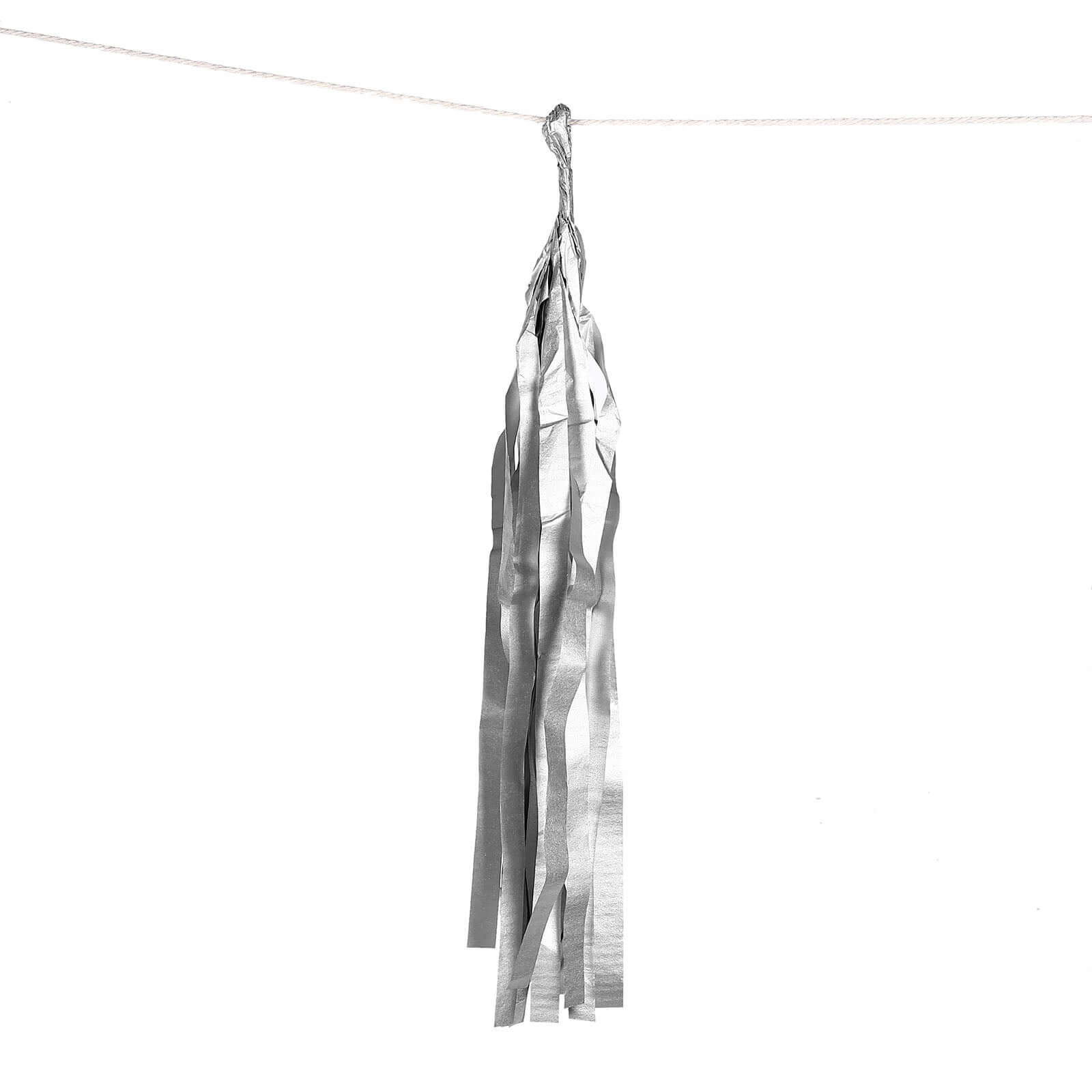 12 Pack Pre-Tied Silver Paper Fringe Tassels With Garland String, Hanging Streamer Banner