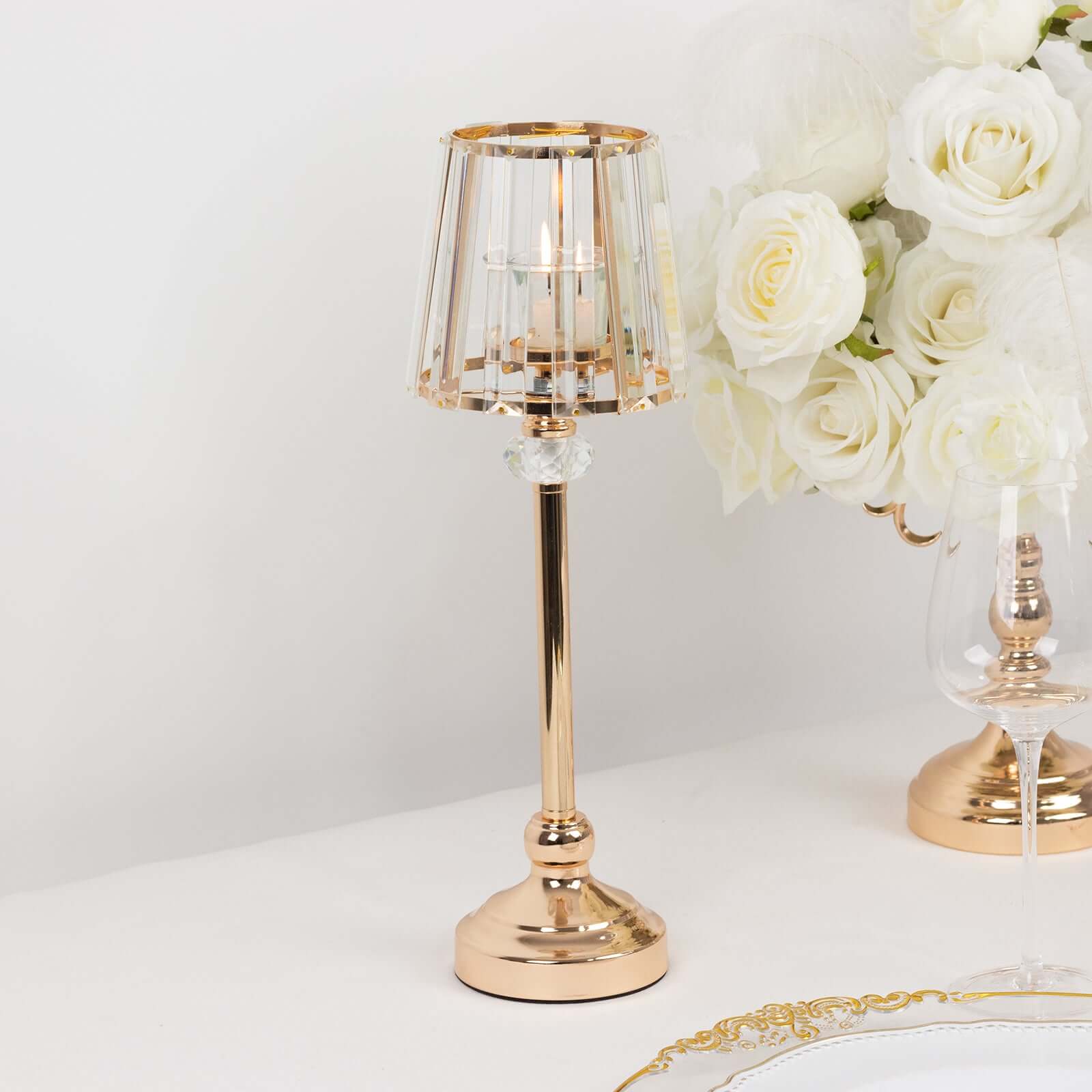 2-Pack 15" Crystal Pendant Candle Holders - Classic Empire Lamp Shade Style in Gold, Votive Candle Stand For Table Centerpieces