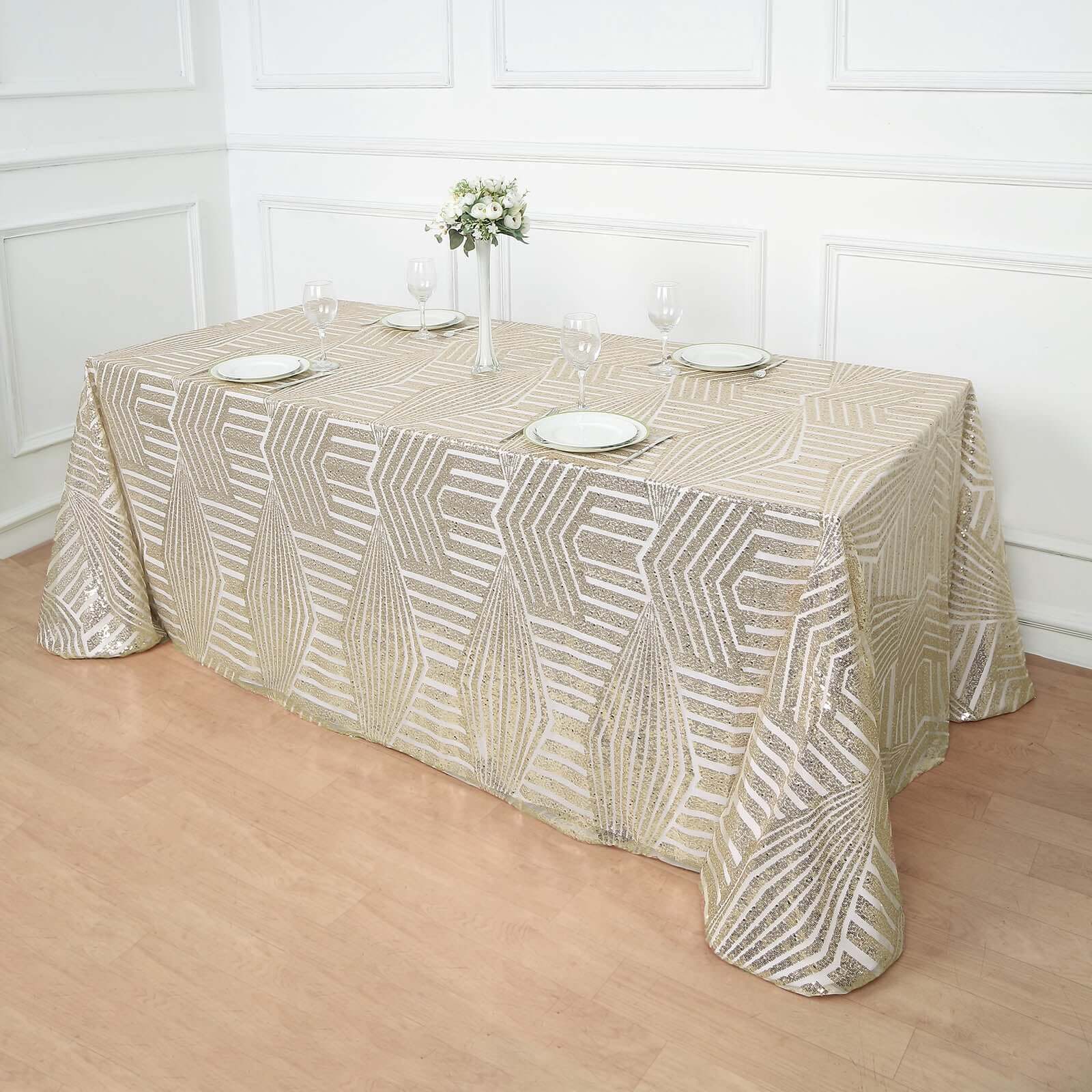 Sequin 90"x132" Rectangle Tablecloth Champagne - Seamless Diamond Design Table Cover