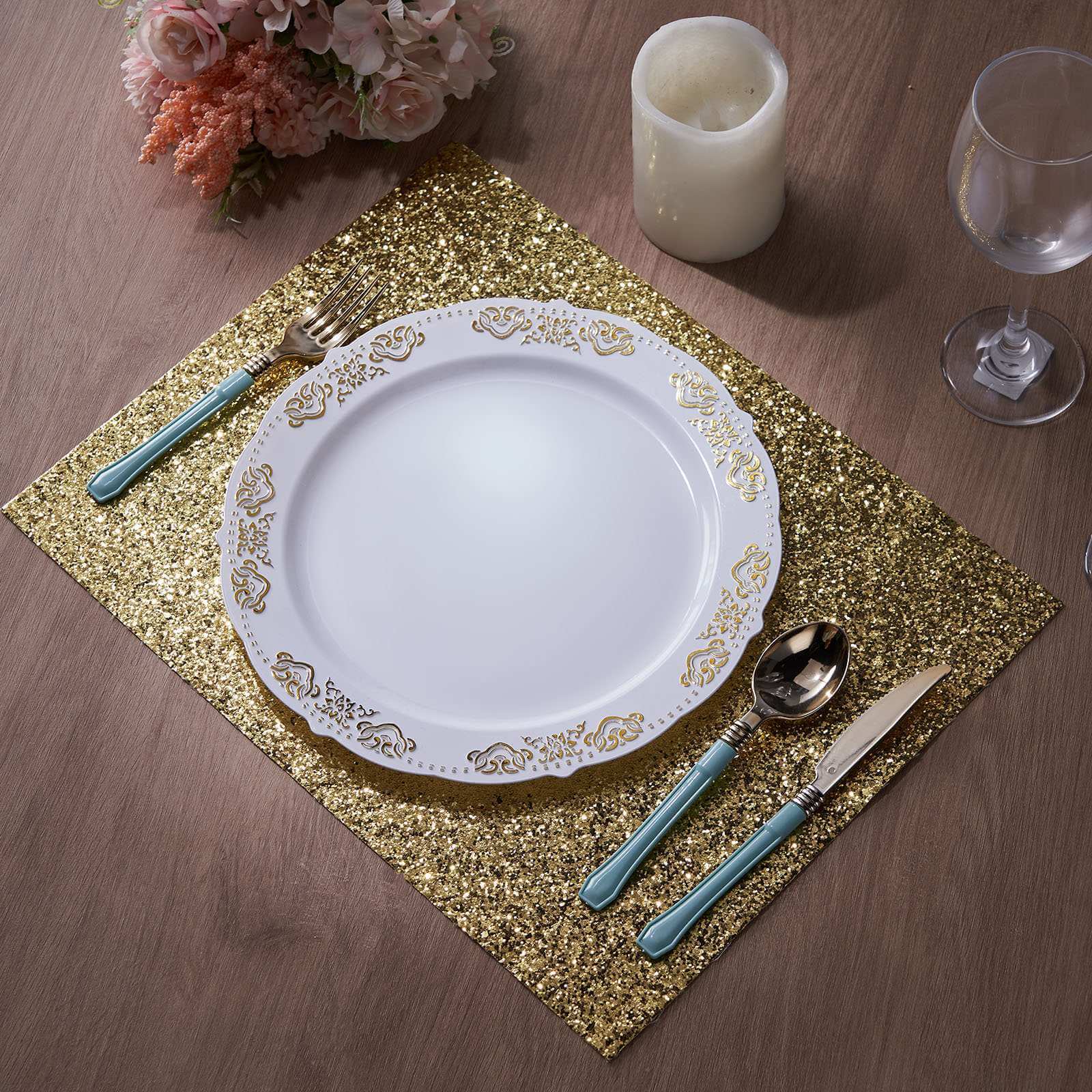 6-Pack Placemats Glitter Design Champagne Sparkle Rectangle - Non-Slip Decorative Dining Table Mats 12"x18"