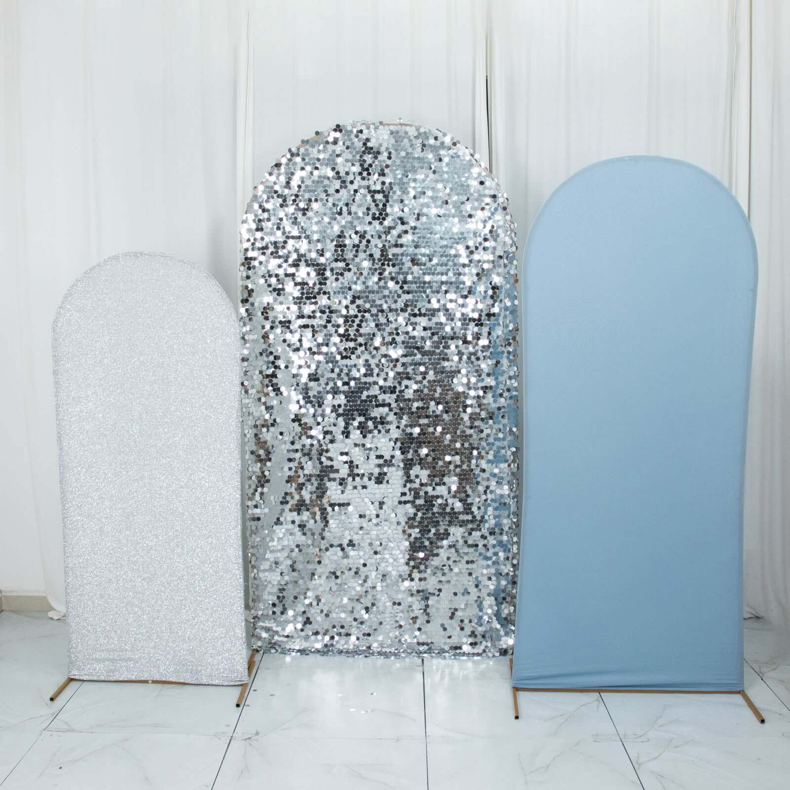 Set of 3 Dusty Blue Silver Round Top Fit Wedding Arch Frame Covers, Big Payette Sequin, Shimmer Tinsel and Matte Spandex Backdrop Stand Covers