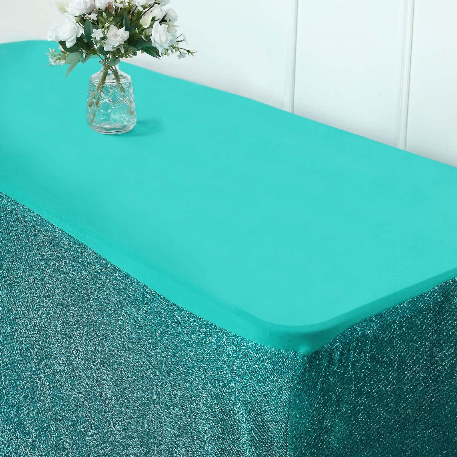 Stretch Spandex 72"x30" Rectangle Tablecloth Metallic Turquoise - Form-Fitting Table Cover