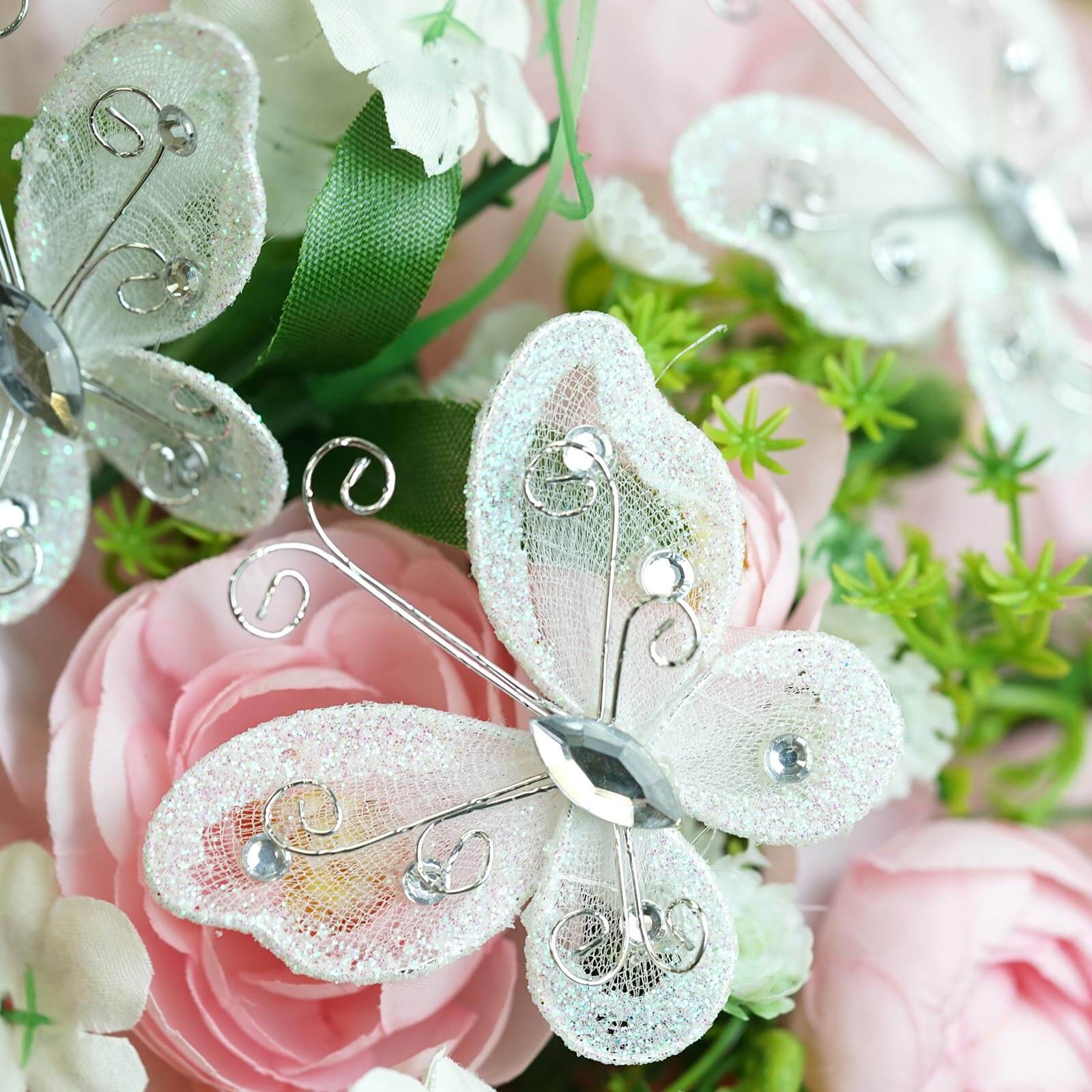 12 Pack 2" White Diamond Studded Wired Organza Butterflies