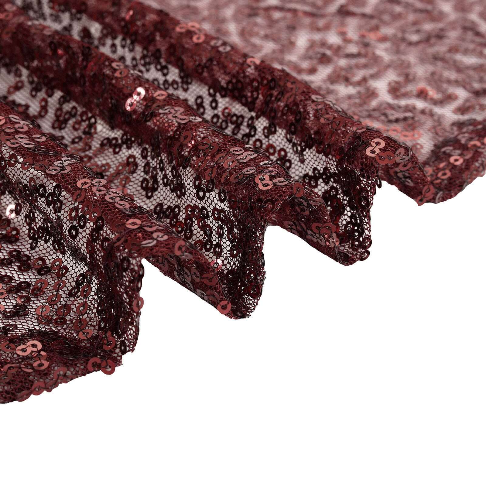 90x156" Burgundy Seamless Sequin Rectangle Tablecloth for 8 Foot Table With Floor-Length Drop