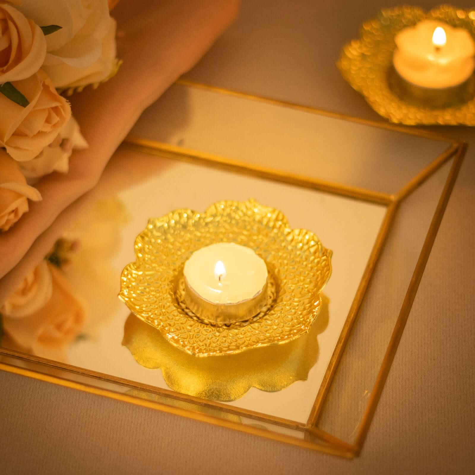 3-Pack Metal Votive Candle Holders Plum Blossom Design Shiny Gold - Vintage Mini Tea Cup Saucers 4"