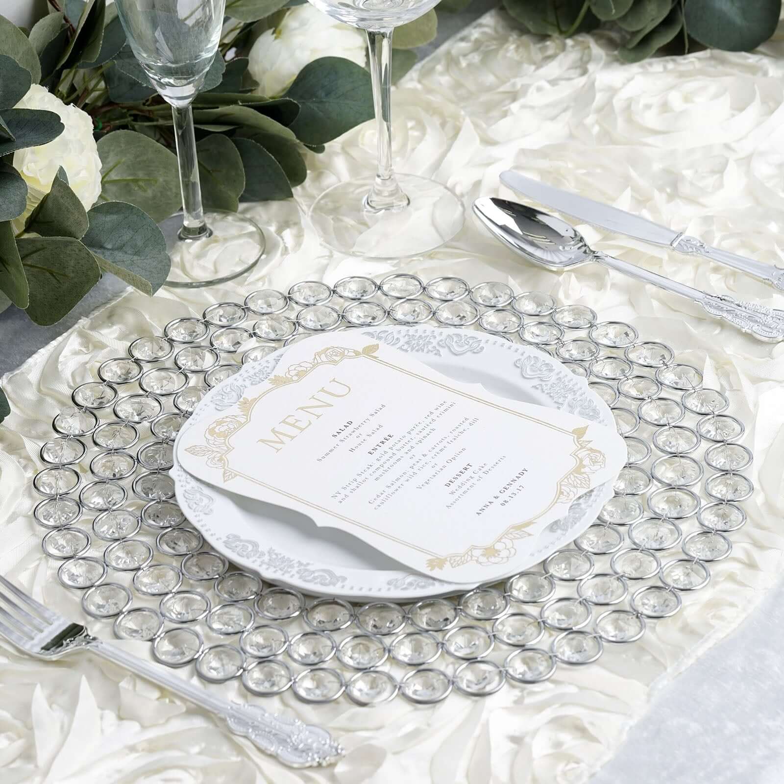 Wired Metal Round Charger Plate 14" in SIlver with Acrylic Crystal Beads, Glamorous Decorative Dinner Charger Tableware