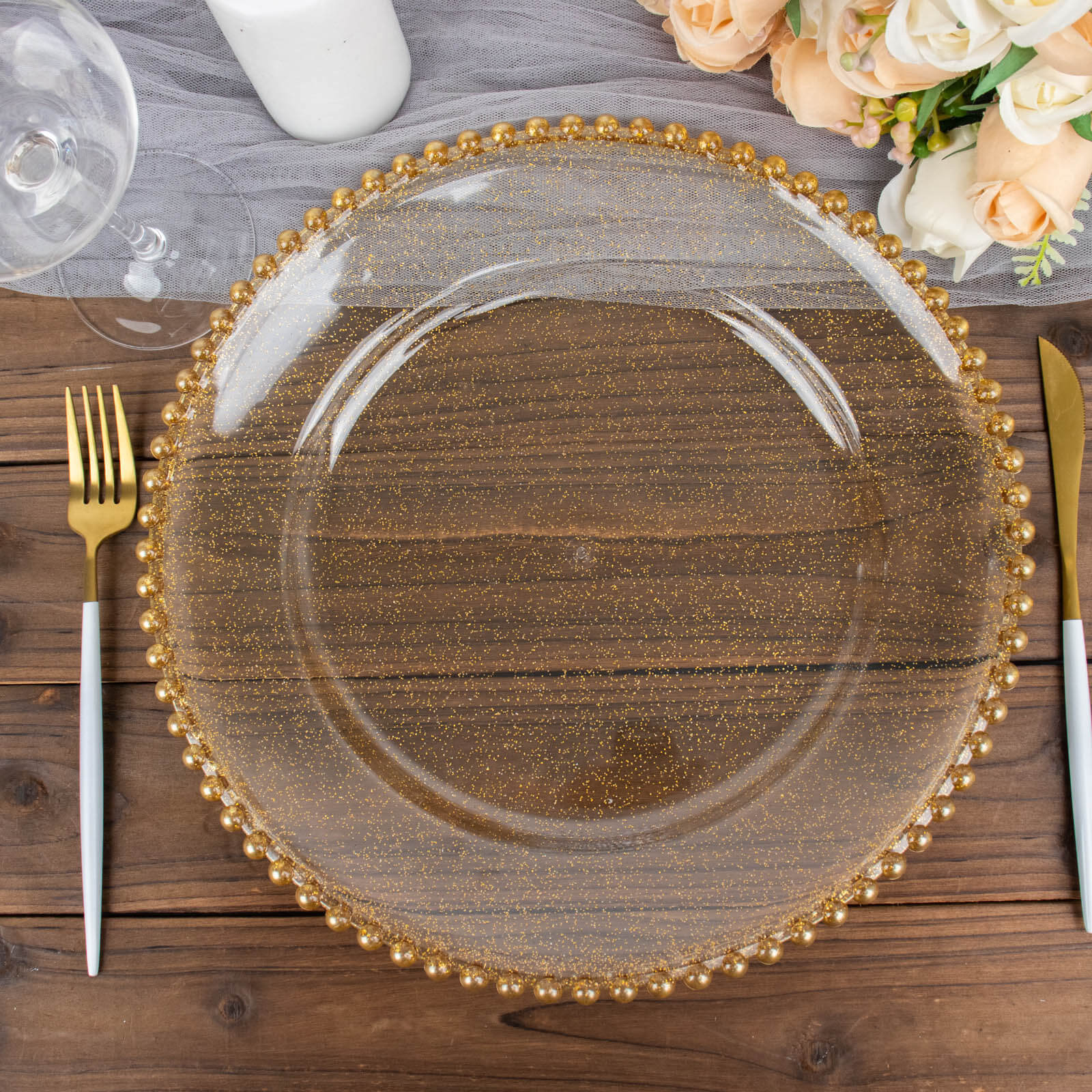 6-Pack Acrylic Round Charger Plates 13" in Clear Gold Glittered with Beaded Rim, Decorative Dinner Party Serving Plates