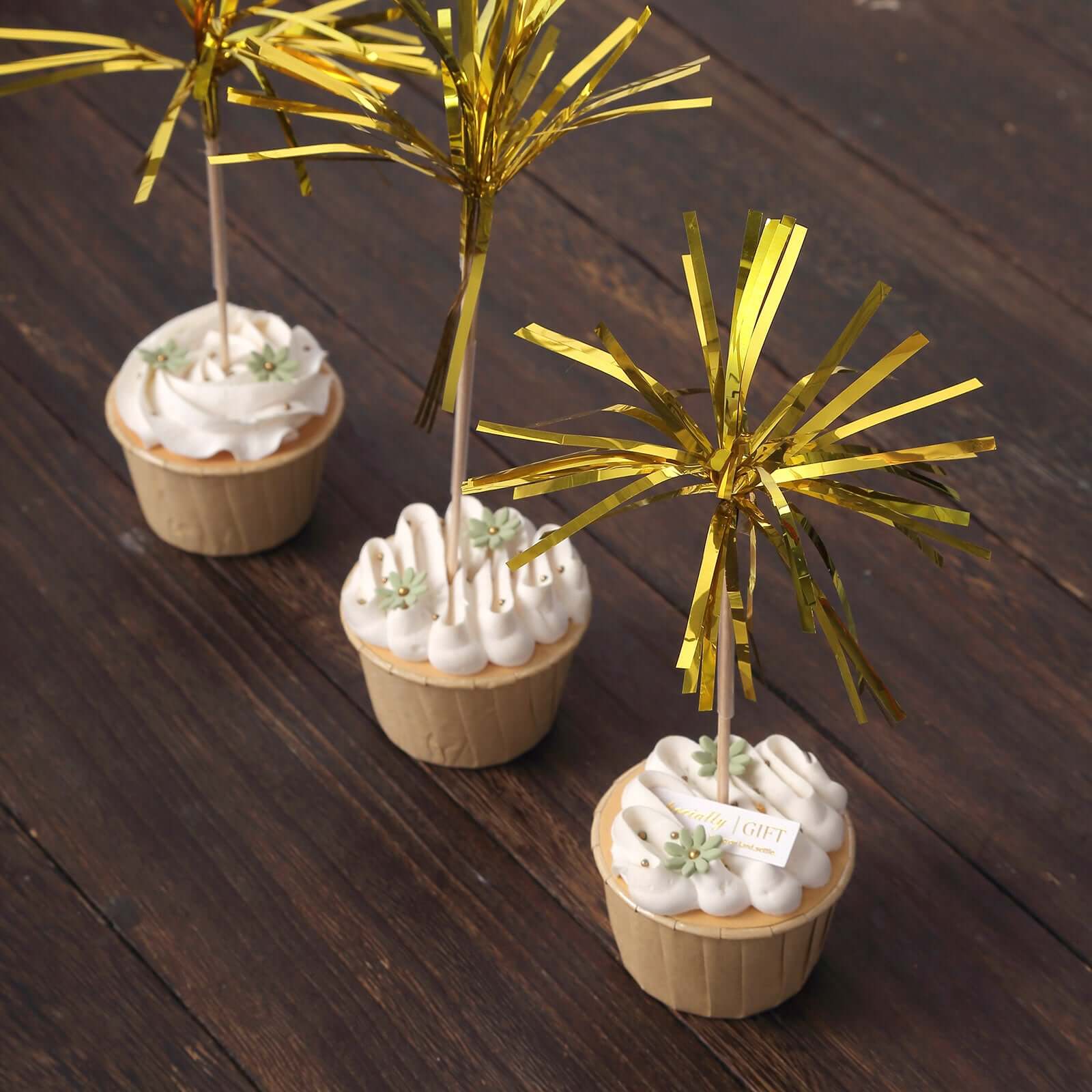 100-Pack Bamboo Cocktail Sticks Firework Cupcake Toppers Gold - Festive Foil Frills Food Picks 9"