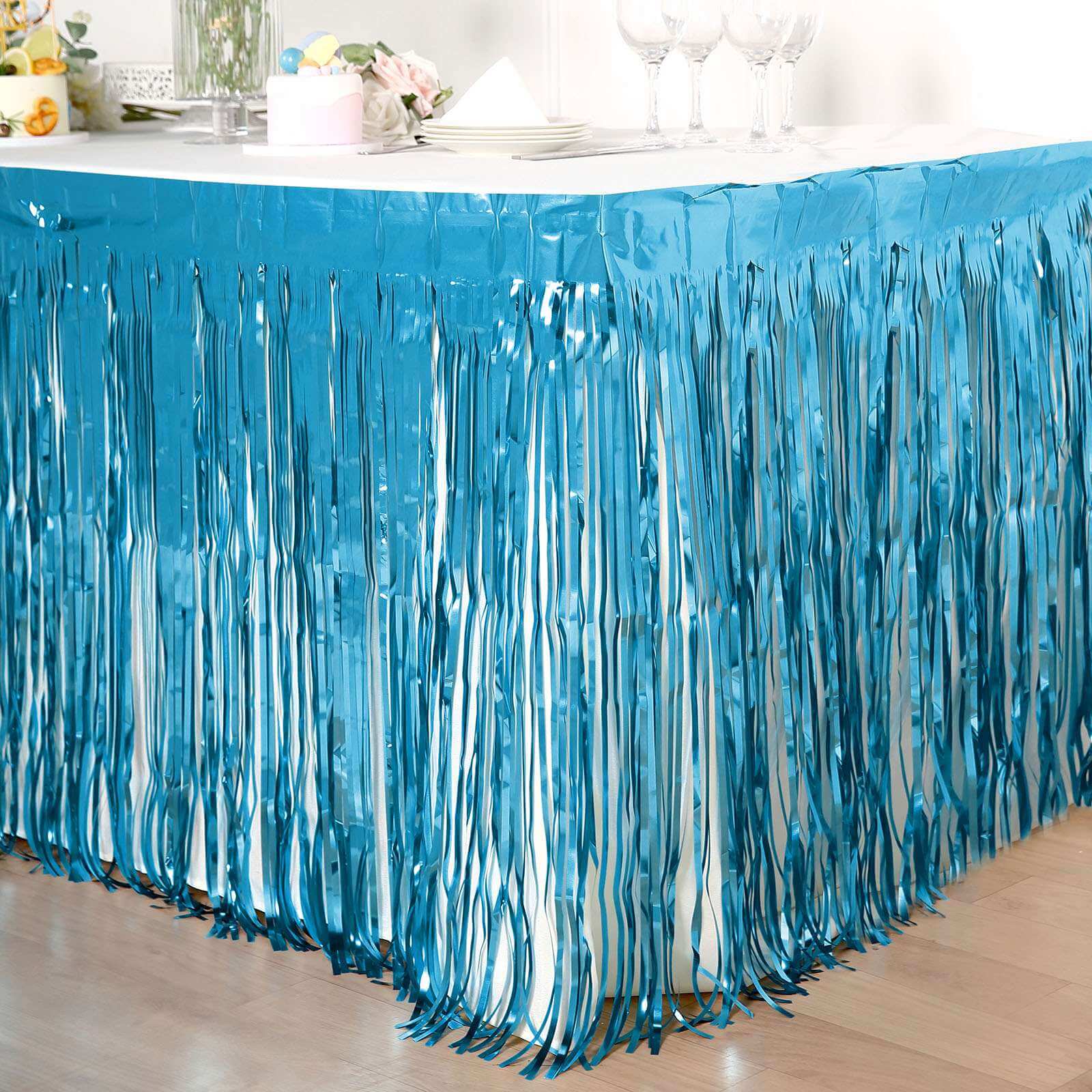 Metallic Foil Fringe Table Skirt Blue with Self Adhesive Backing - Durable Tinsel Skirt for Parties 30"x9ft