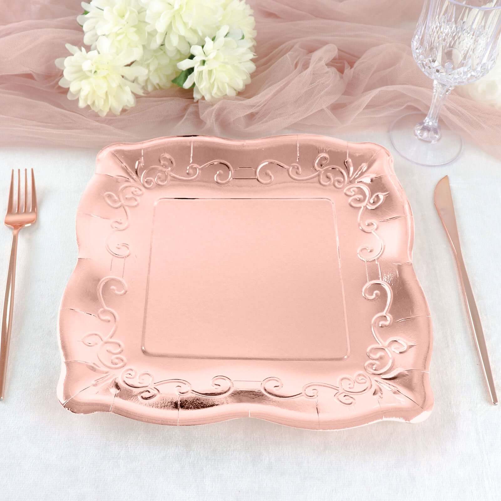 25-Pack Paper 11" Square Dinner Plates in Blush Rose Gold with Vintage Pottery Embossed Design - Shiny Metallic Disposable Serving Plates