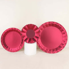 25-Pack Paper 7" Round Dessert Plates in Burgundy with Geometric Prism Rim - Disposable 400GSM Appetizer Salad Plates