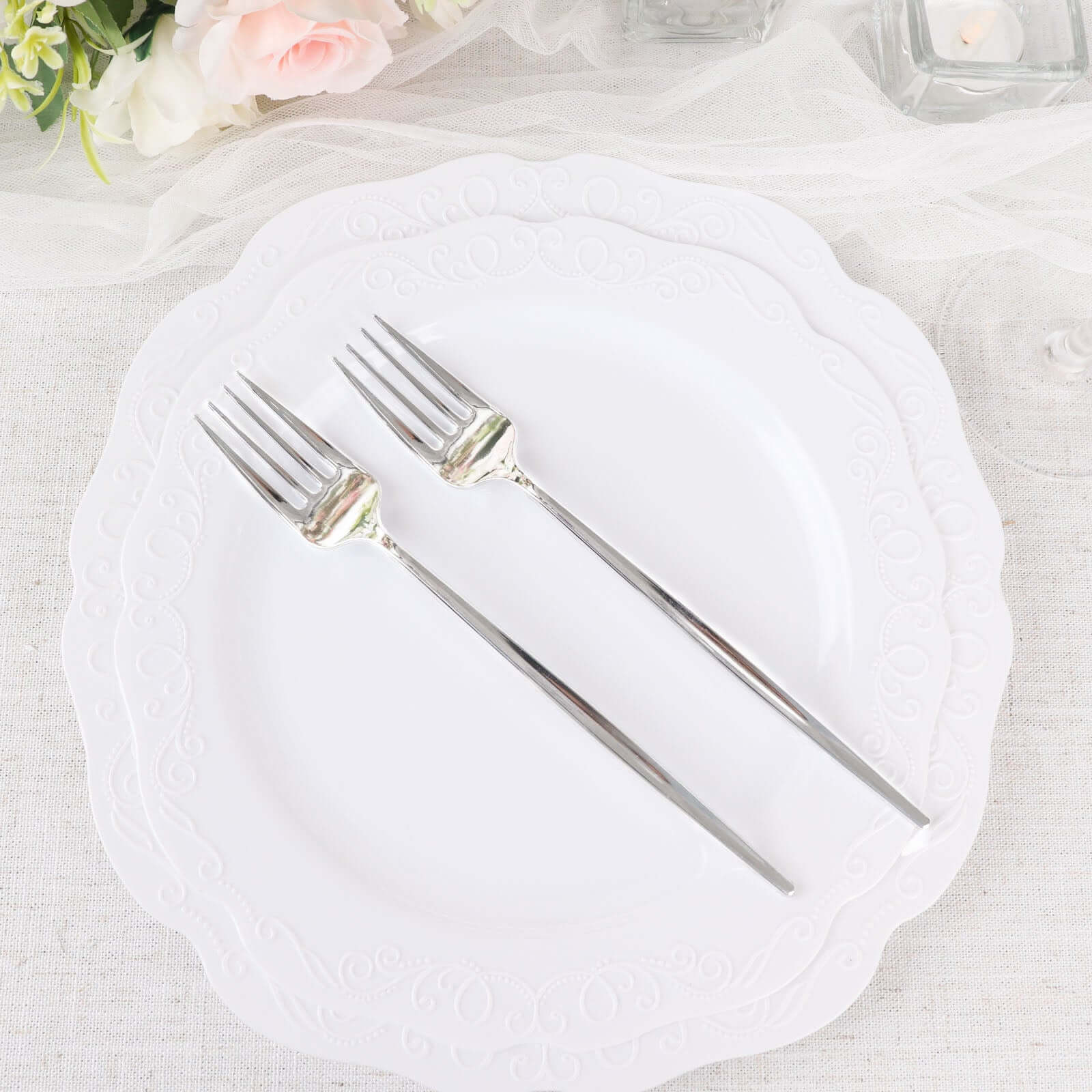 24 Pack 8" Glossy Silver Heavy Duty Plastic Silverware Forks, Shiny Cutlery, Premium Disposable Flatware