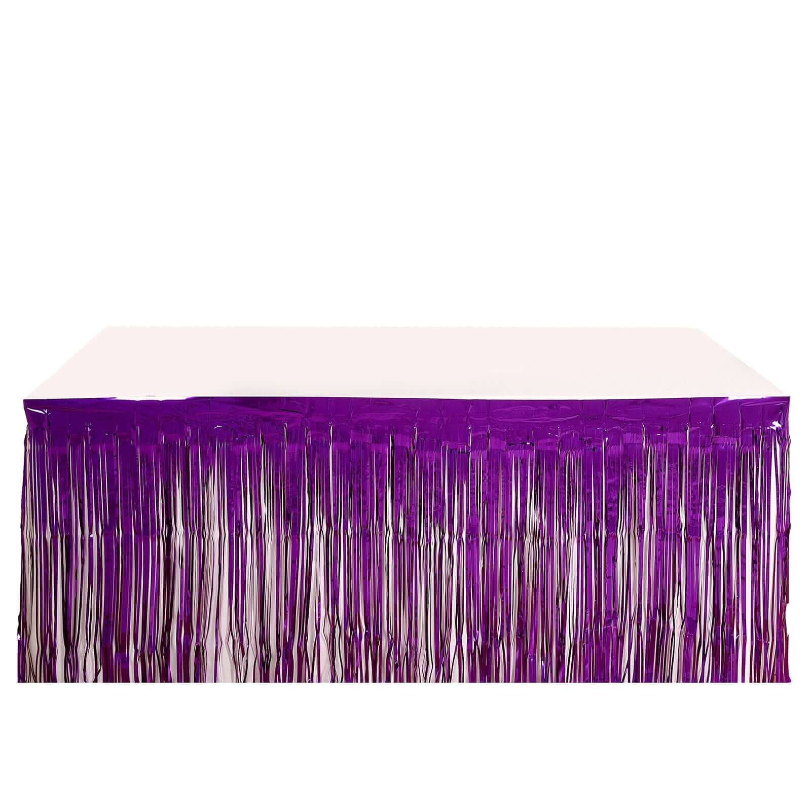 30"x9ft Purple Metallic Foil Fringe Table Skirt, Self Adhesive Tinsel Table Skirt