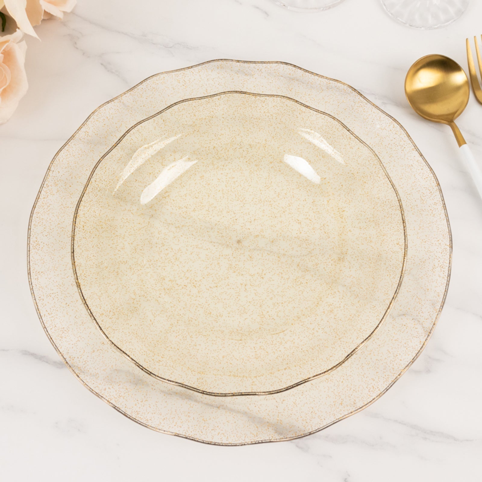 10-Pack Plastic 9" Round Dinner Plates in Gold Glitter with Ruffled Rim - Sturdy Disposable Dinnerware