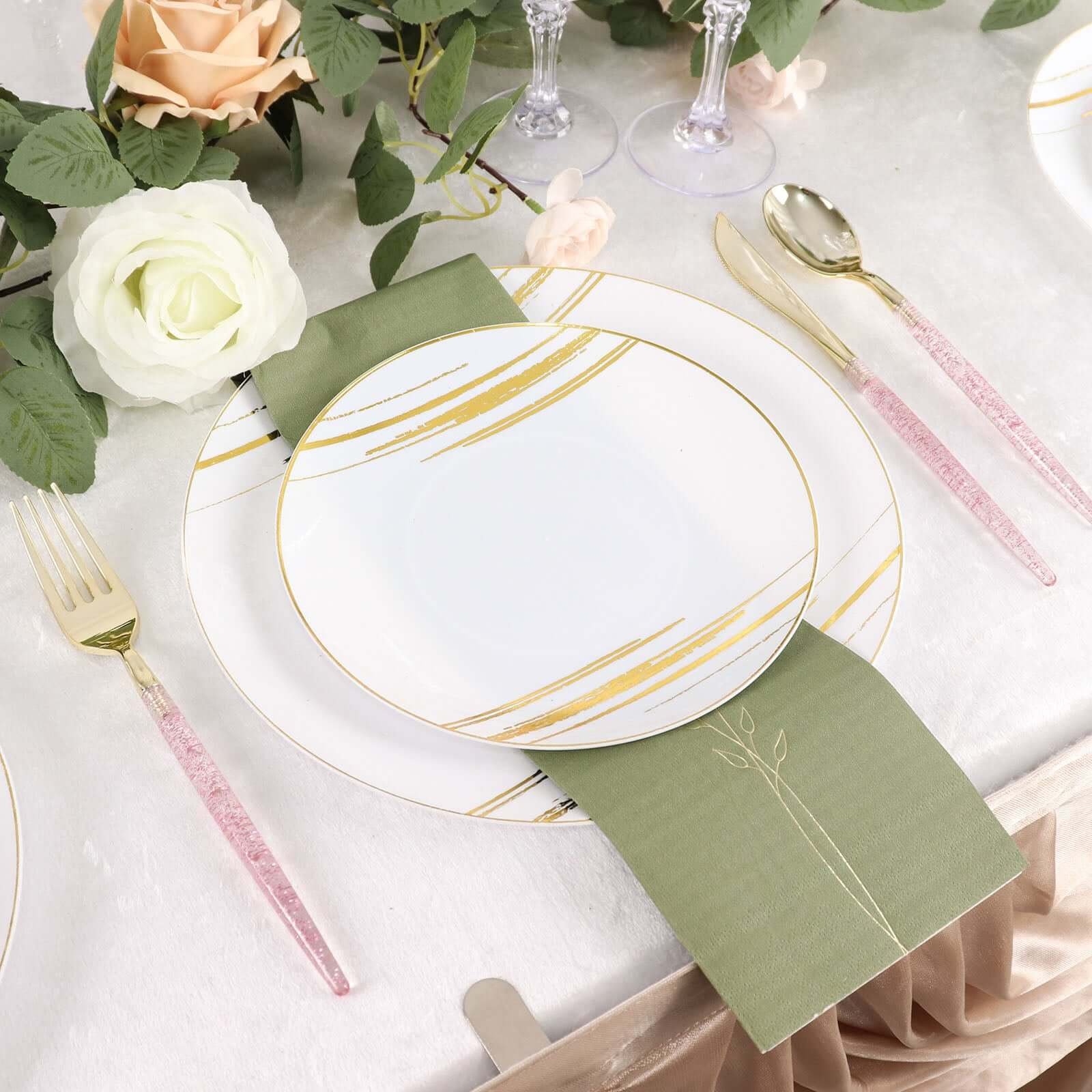 24-Pack Plastic Cutlery Set Metallic Gold with Rose Gold Glitter - Stylish Disposable Silverware-Pack 8"