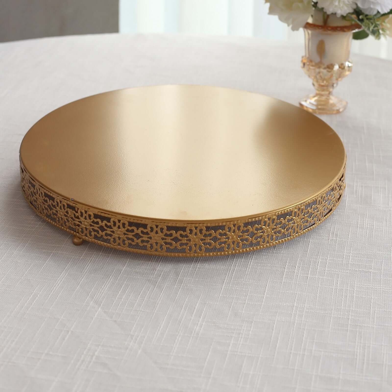 Metal 16" Round Pedestal Cake Stand Gold - Cupcake Dessert Display Centerpiece Stand with Intricate Fleur De Lis Design for Buffet Table Sweets Station