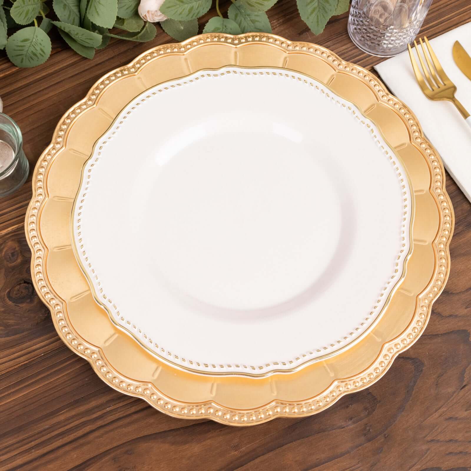 6-Pack Acrylic Round Charger Plates 13" in Metallic Gold with Beaded Sunflower Rim, Plastic Dinner Party Charger Tableware