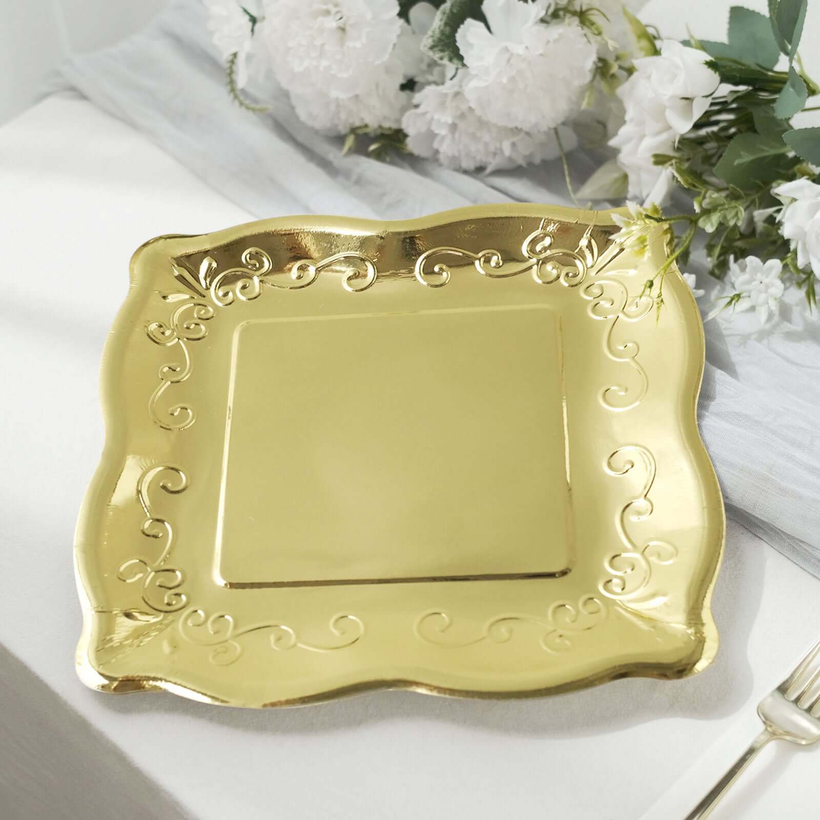 25-Pack Paper 11" Square Dinner Plates in Gold with Vintage Pottery Embossed Design - Shiny Metallic Disposable Serving Plates for Glamorous Dinners & Events