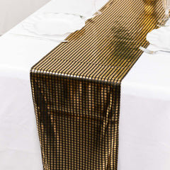 Mirror Foil Polyester 12"x108" Table Runner Black with Gold Metallic Square - Shiny Disco Theme Party Table Decor