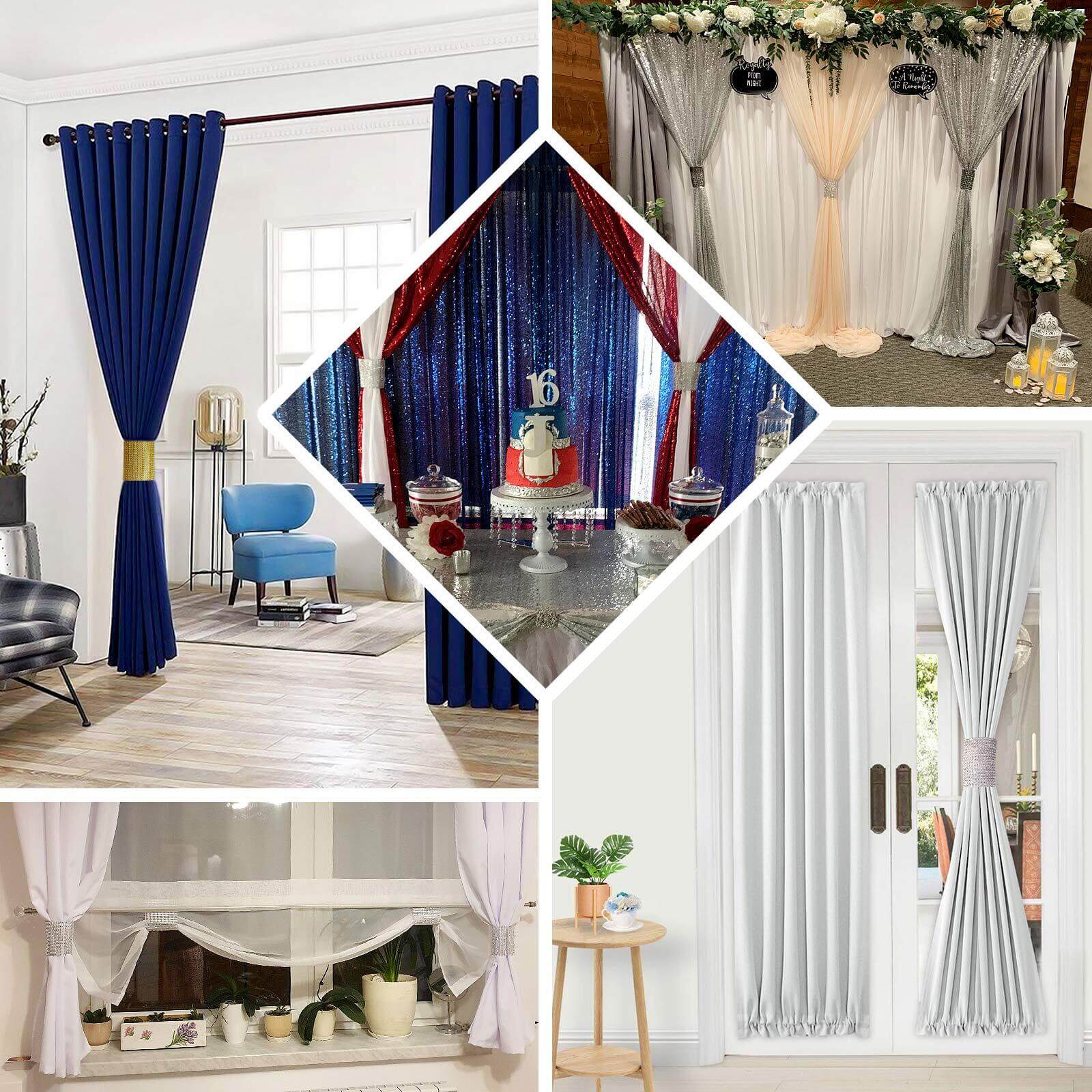 4 Pack Gold Rhinestone Mesh Velcro Backdrop Curtain Bands, Large Chair Sash Clip Tie Backs - 5"X10"