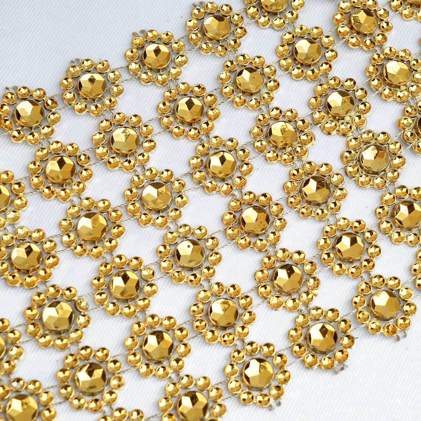 4"x10 Yards Gold Fleur Diamond Rhinestone Ribbon Wrap Roll, DIY Craft Ribbon