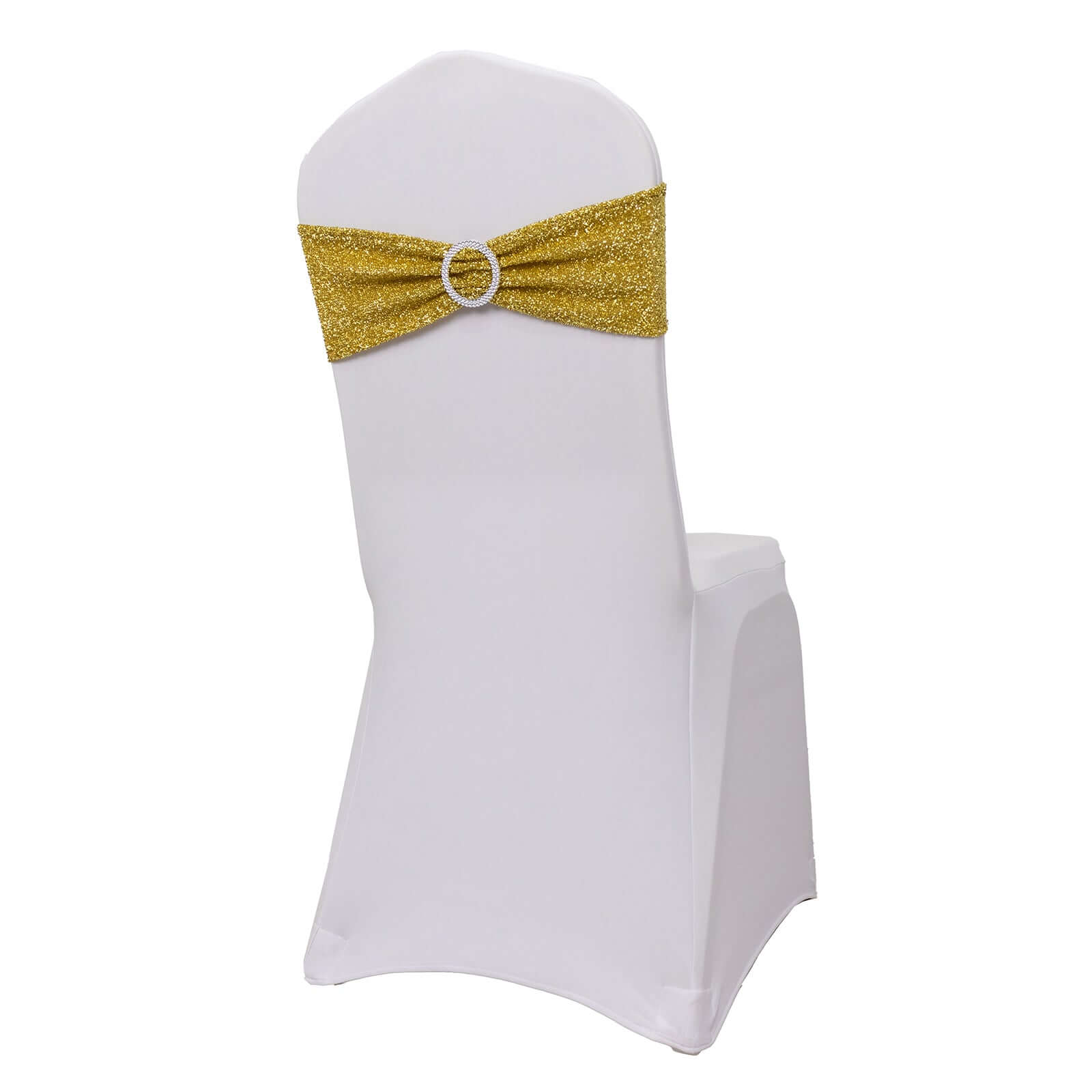 5 Pack Chair Sashes Shimmer Tinsel Spandex 5"x12" with Silver Rhinestone Buckles Gold - Stylish Decor for Weddings