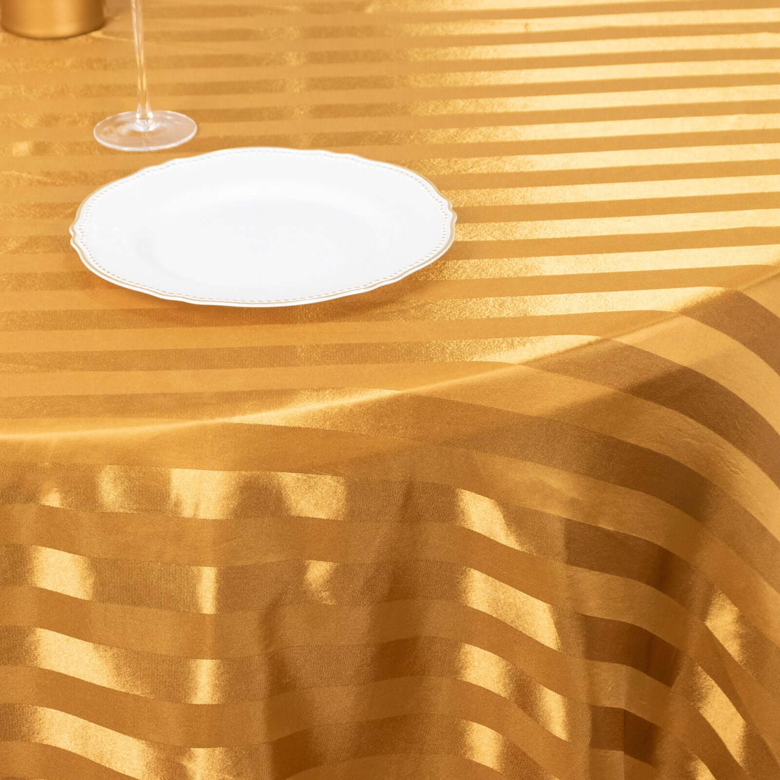 Satin Striped 120" Round Tablecloth Gold Satin Stripe - Silky Smooth Seamless Wedding Decor