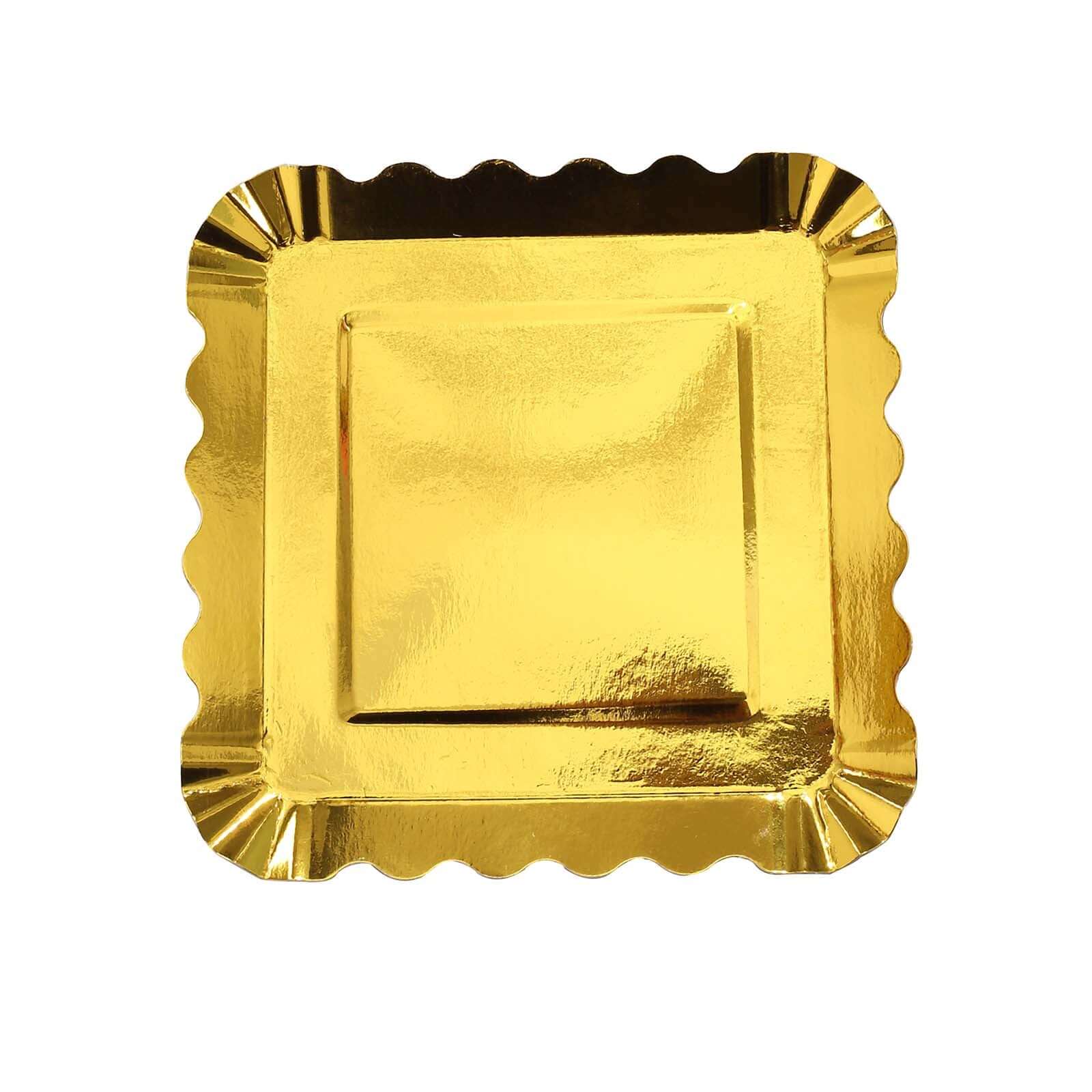 50-Pack Paper 5" Square Dessert Plates in Gold Foil with Scalloped Rim - Disposable Appetizer Plates for for Glam Gatherings & Special Occasions