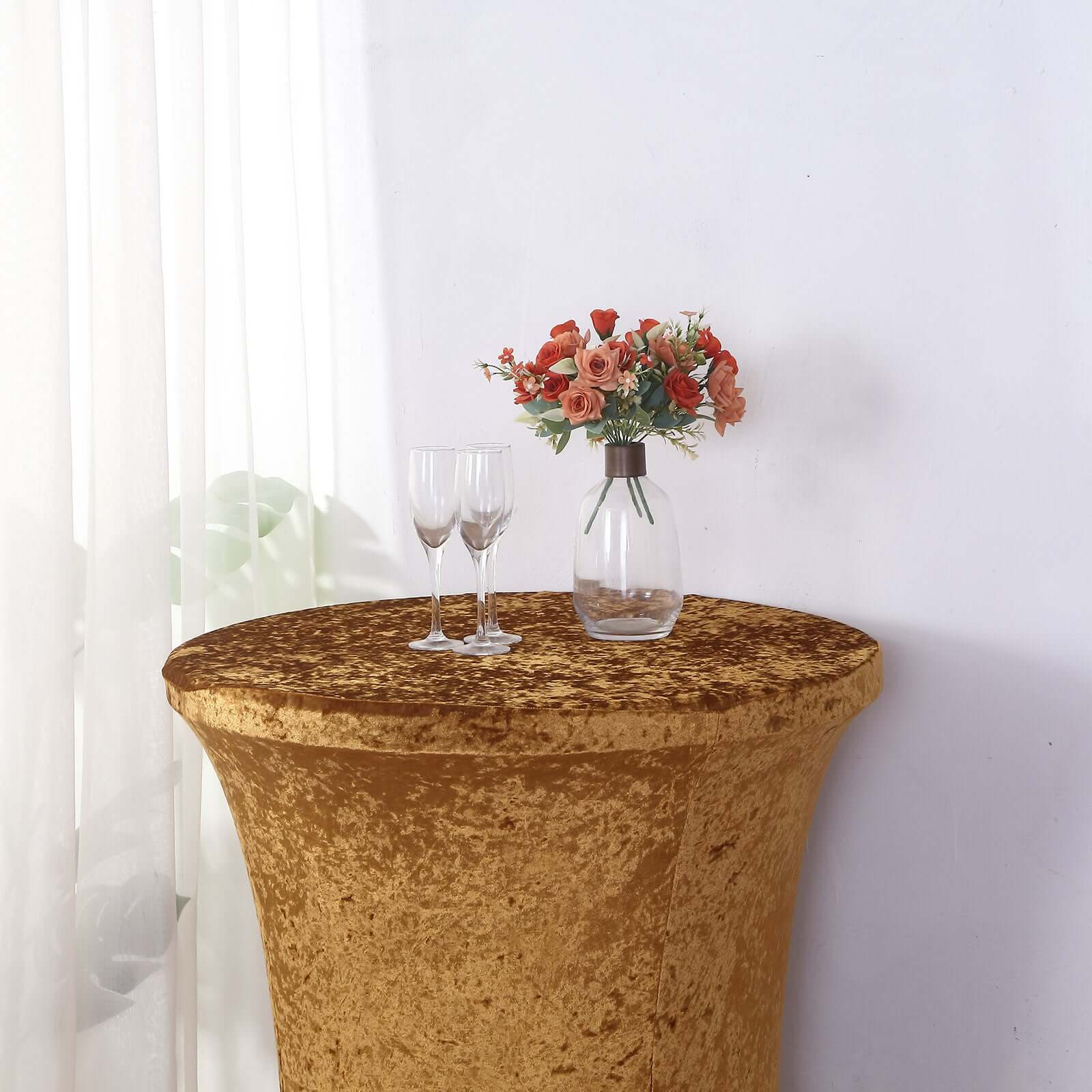 Crushed Velvet Spandex 32" Round Cocktail Table Cover Gold Smooth Highboy Tablecloth