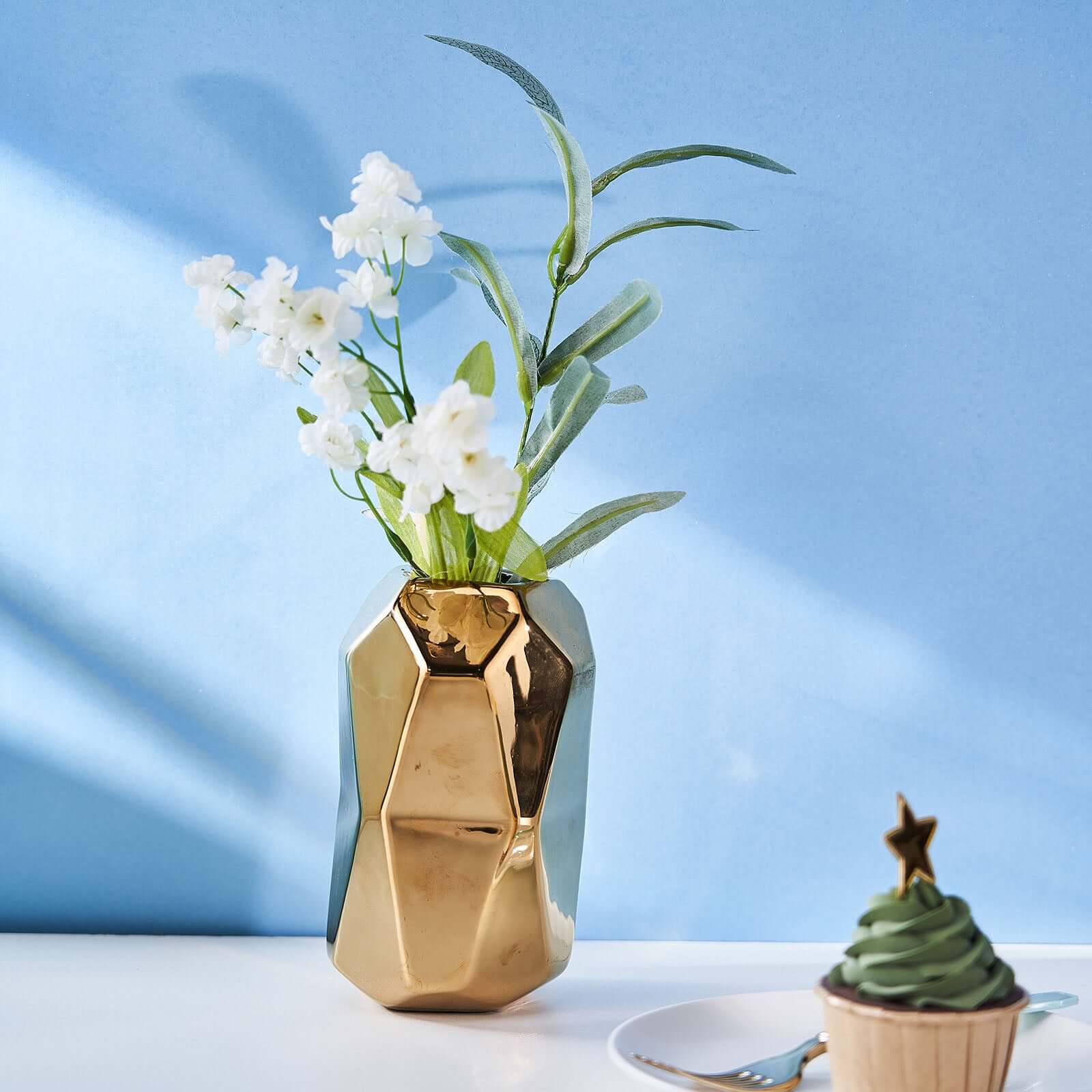 2-Pack Ceramic Cylinder Vases Metallic Gold Geometric - Stylish Modern Decor for Floral Arrangements 6"