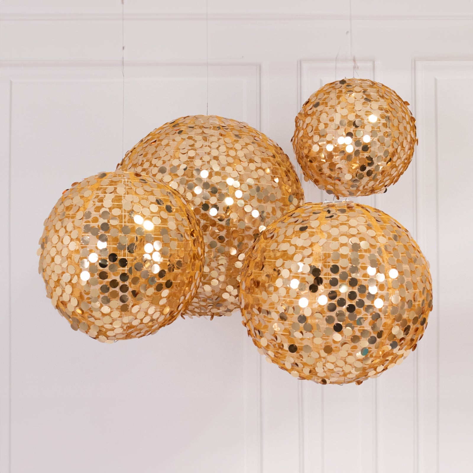 Set of 4 Glitter Gold Payette Sequin Hanging Lanterns, Large Decorative Round Foldable Fabric Chinese Lantern Lampshades - 12",14",16",20"