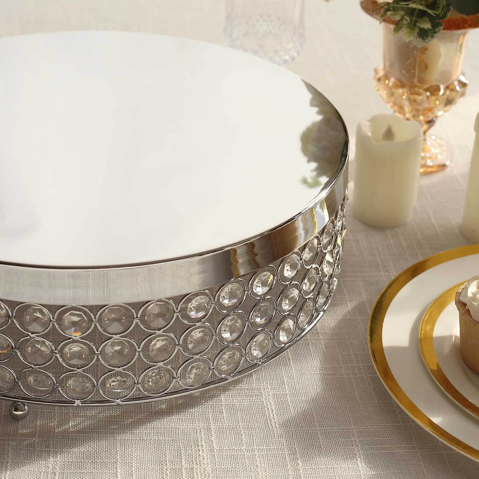Metal Cake Stand Pedestal Crystal Beaded Design Silver - Cupcake Display and Dessert Riser 16"