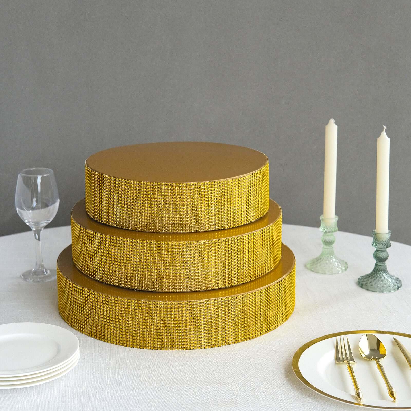Metal Pedestal Cake Stand Round Design with Rhinestones Gold - Cupcake Holder and Dessert Table Centerpiece 16"