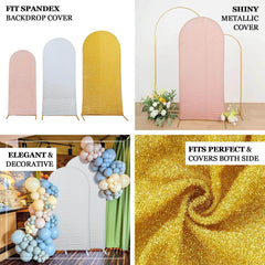 5ft Silver Shimmer Tinsel Spandex Chiara Backdrop Stand Cover For Fitted Round Top Wedding Arch