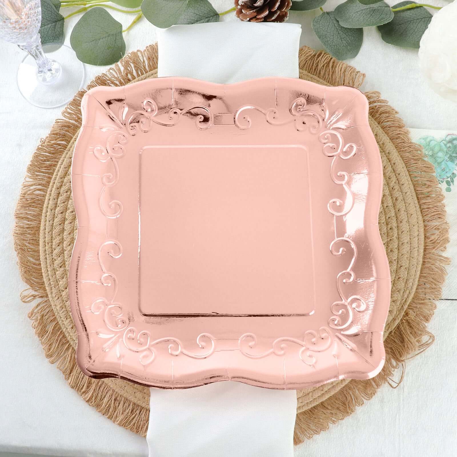 25-Pack Paper 11" Square Dinner Plates in Blush Rose Gold with Vintage Pottery Embossed Design - Shiny Metallic Disposable Serving Plates