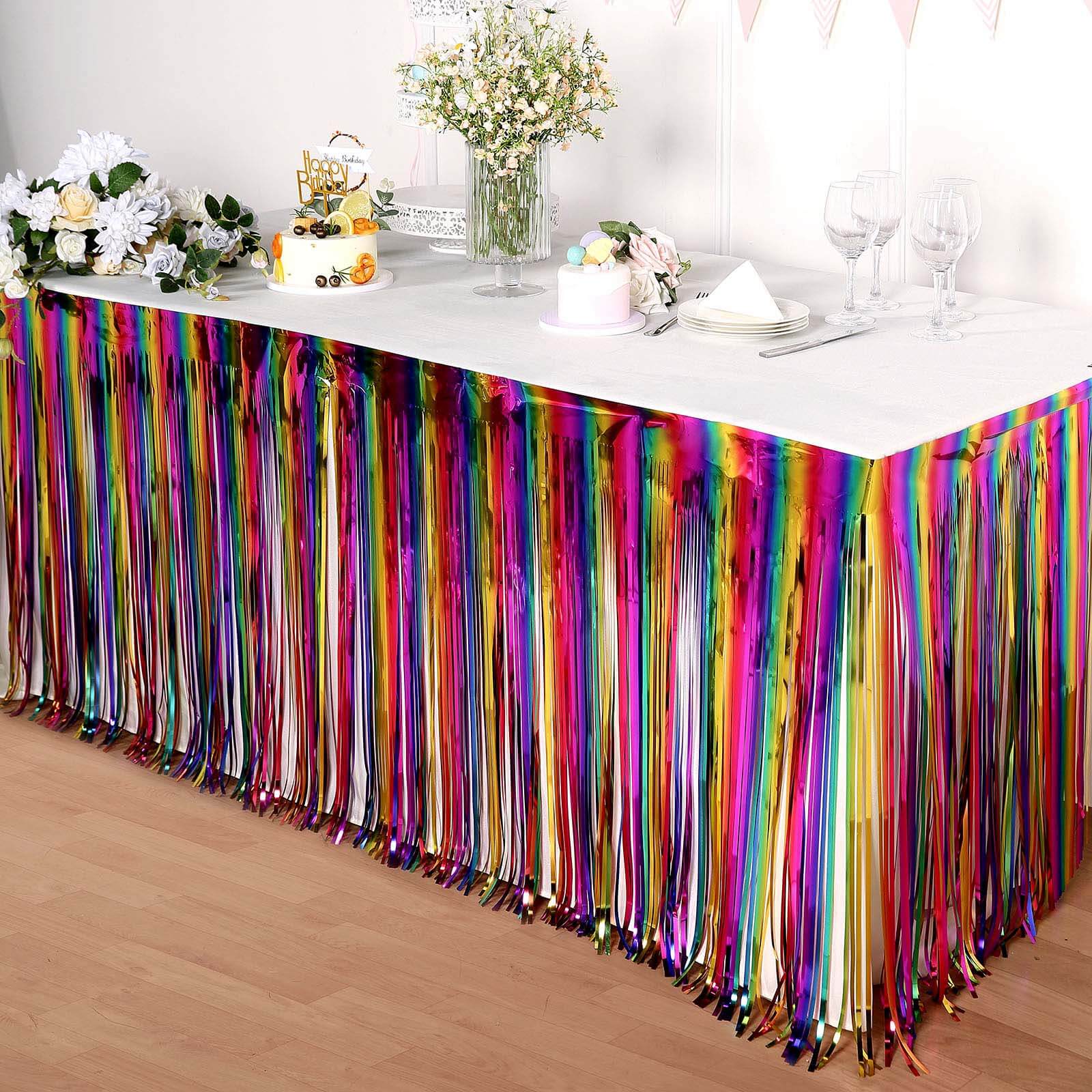 Metallic Foil Fringe Table Skirt Rainbow with Self Adhesive Backing - Durable Tinsel Skirt for Parties 30"x9ft