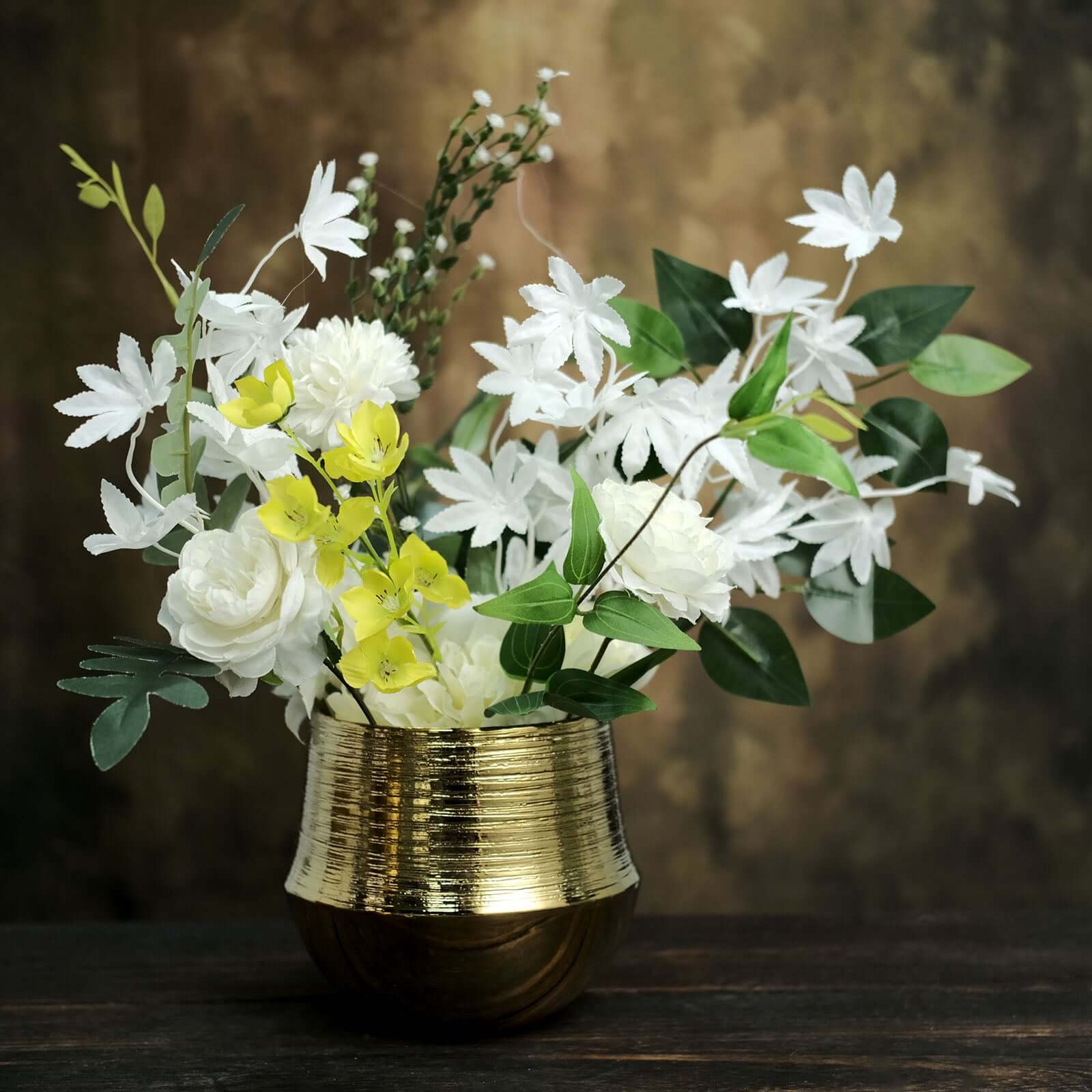 2-Pack Flower Plant Pots Textured Round Design Metallic Gold - Ceramic Cylindrical Bell Shaped Planters 6"