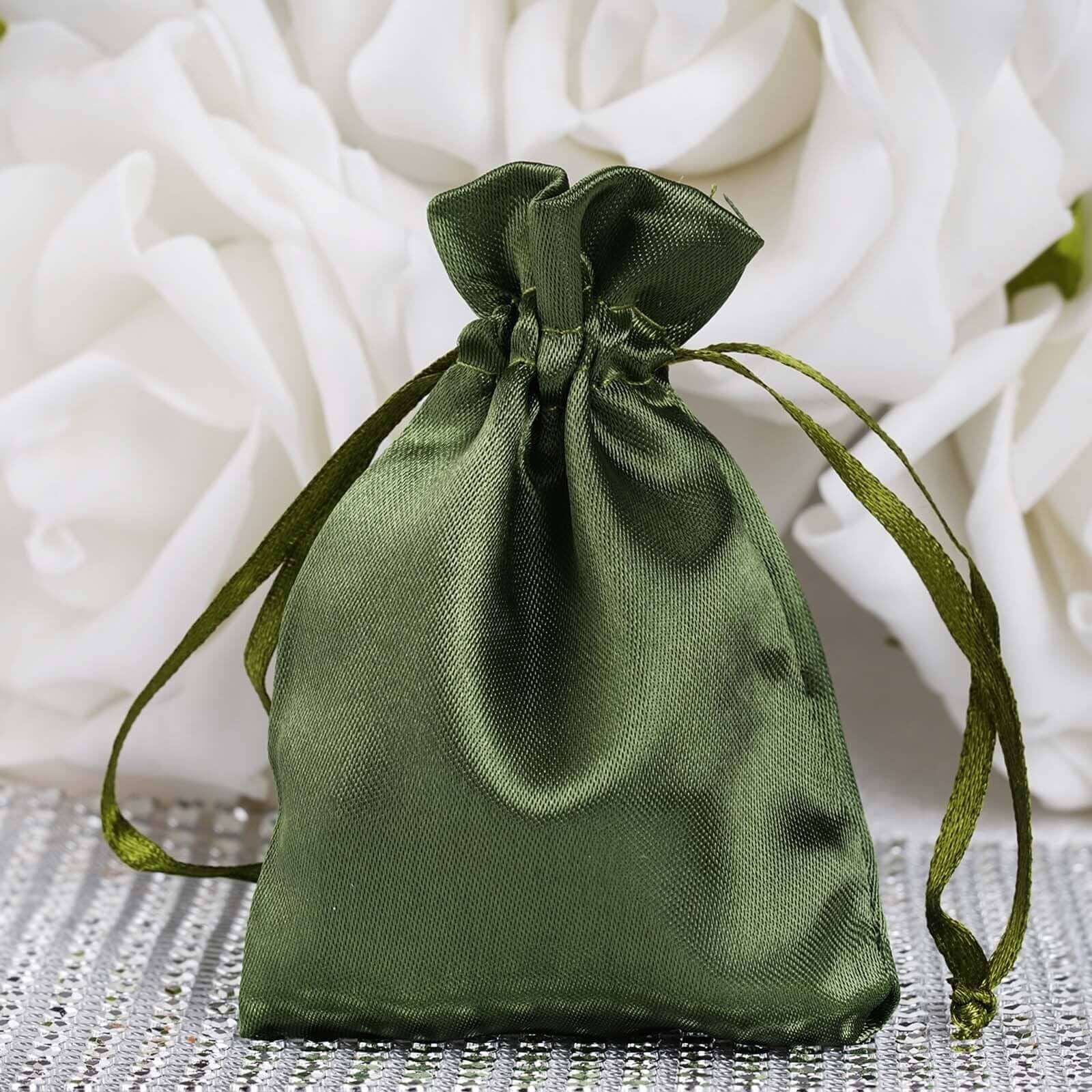 12 Pack 3" Olive Green Satin Drawstring Wedding Party Favor Gift Bag