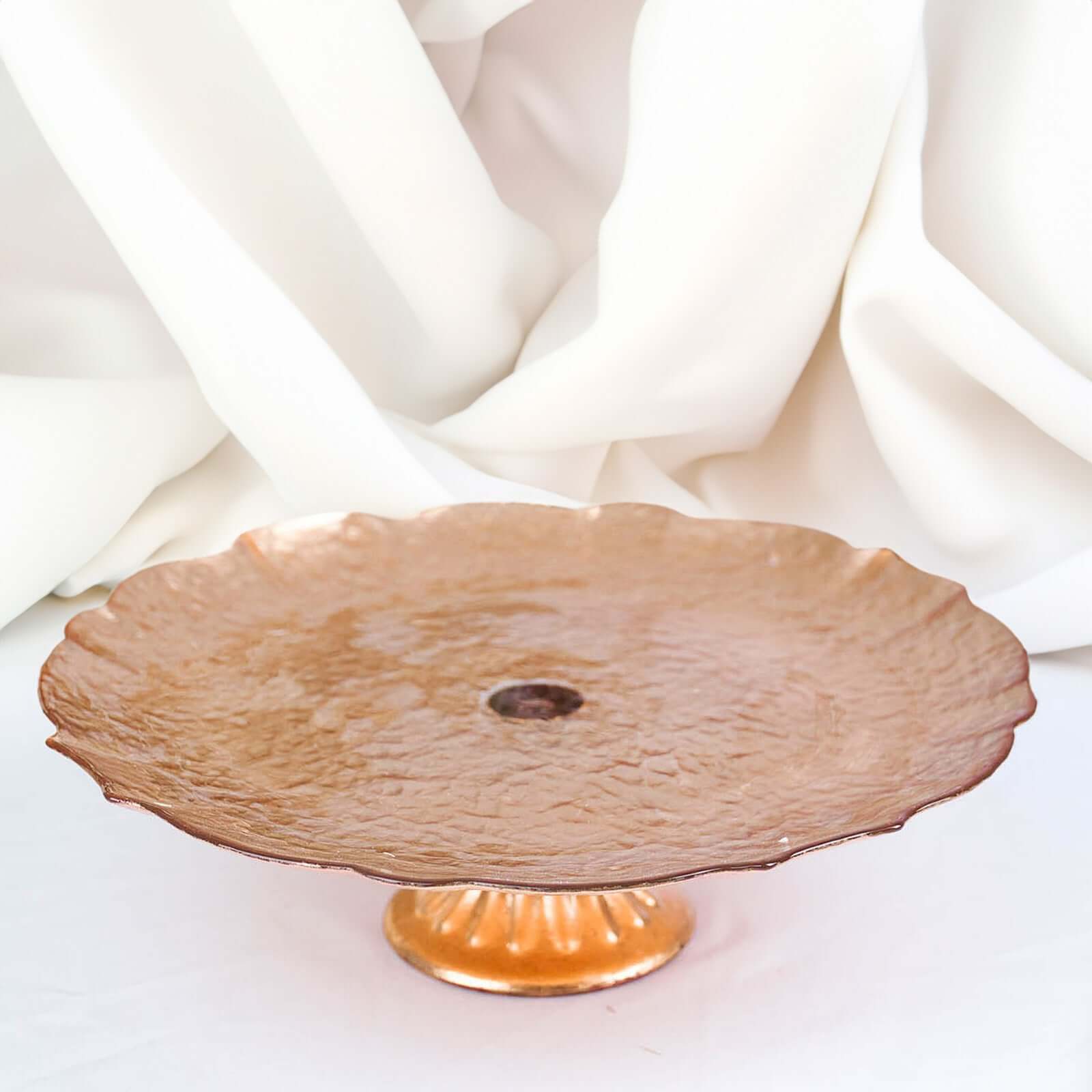 Glass Pedestal Cake Stand Scalloped Edge Design Rose Gold - Cupcake Holder and Dessert Display Plate 14"