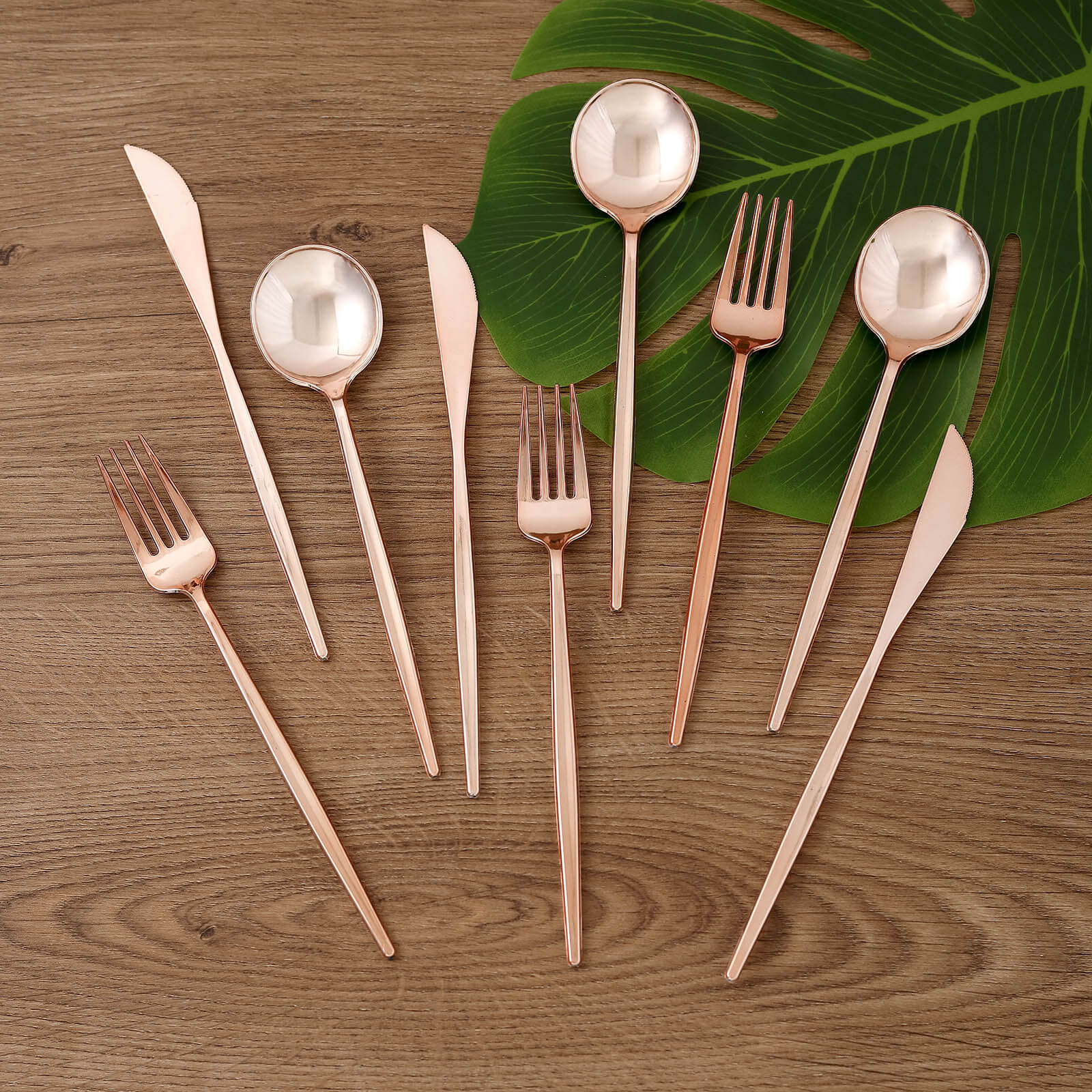 24-Pack Plastic Flatware Set with Sleek Modern Design Rose Gold - Premium Disposable Silverware 8"