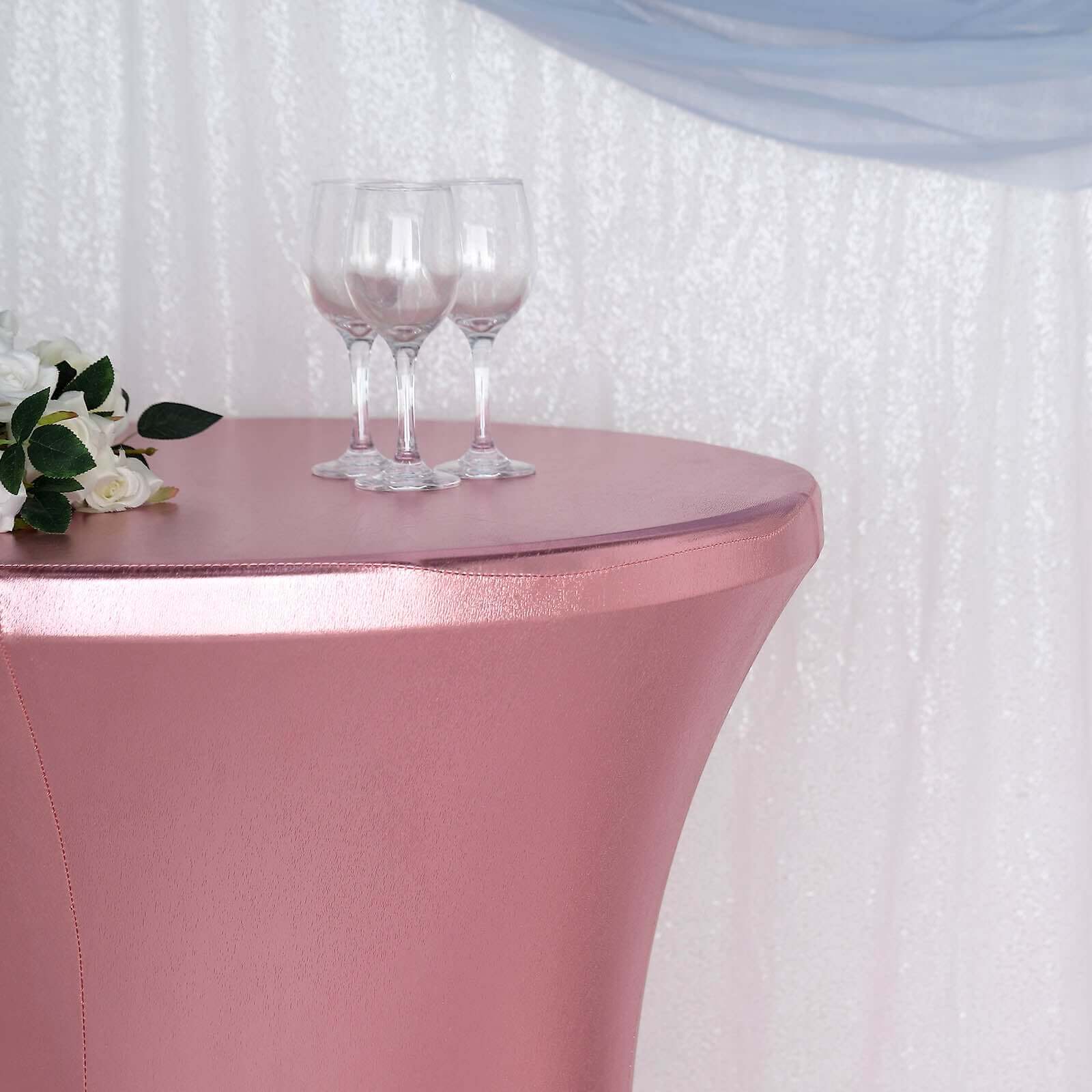 Metallic Spandex 32" Fitted Round Cocktail Table Cover Rose Gold Highboy Tablecloth - Stretch Fit & Water-Resistant