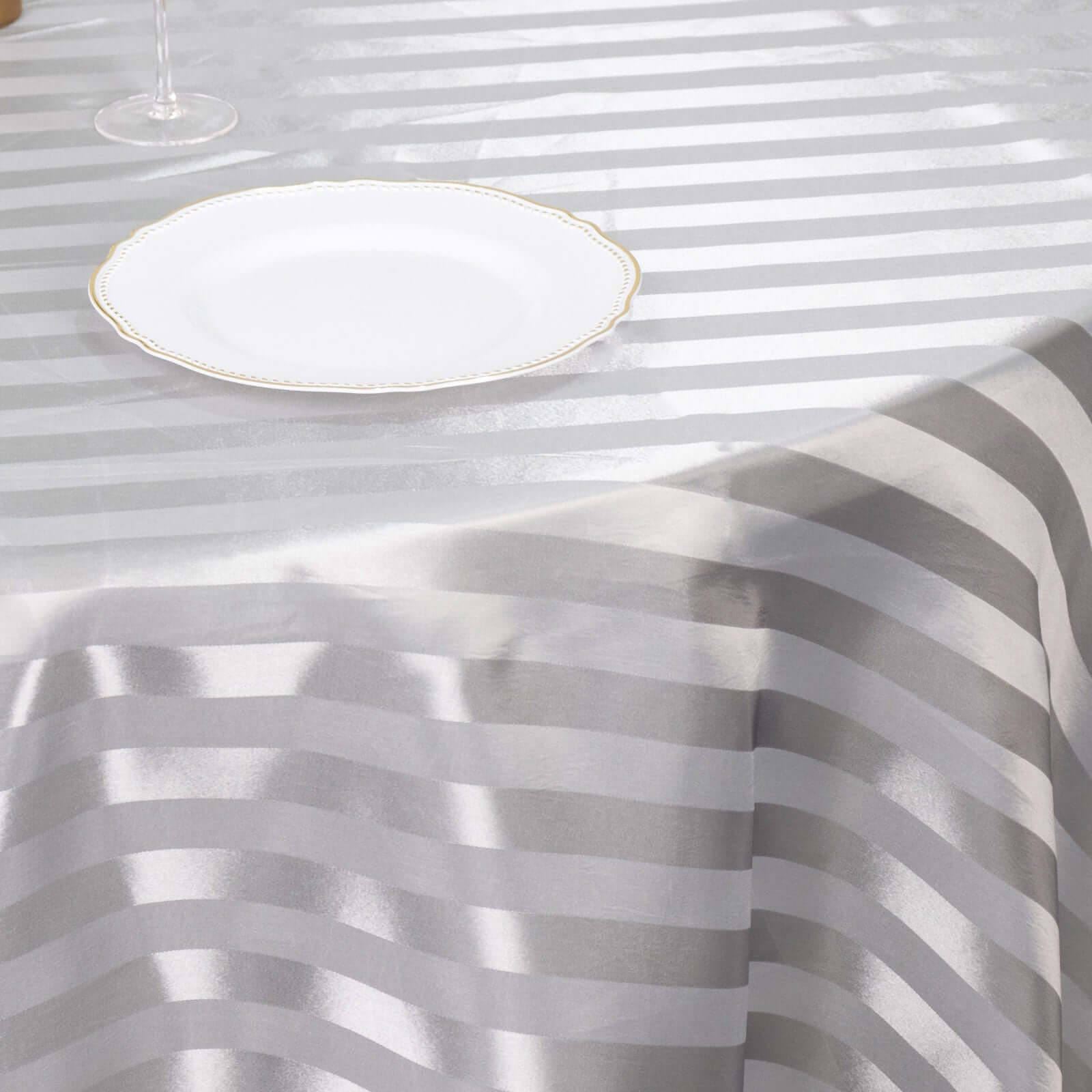 Satin Striped 120" Round Tablecloth Silver Satin Stripe - Silky Smooth Seamless Table Cover