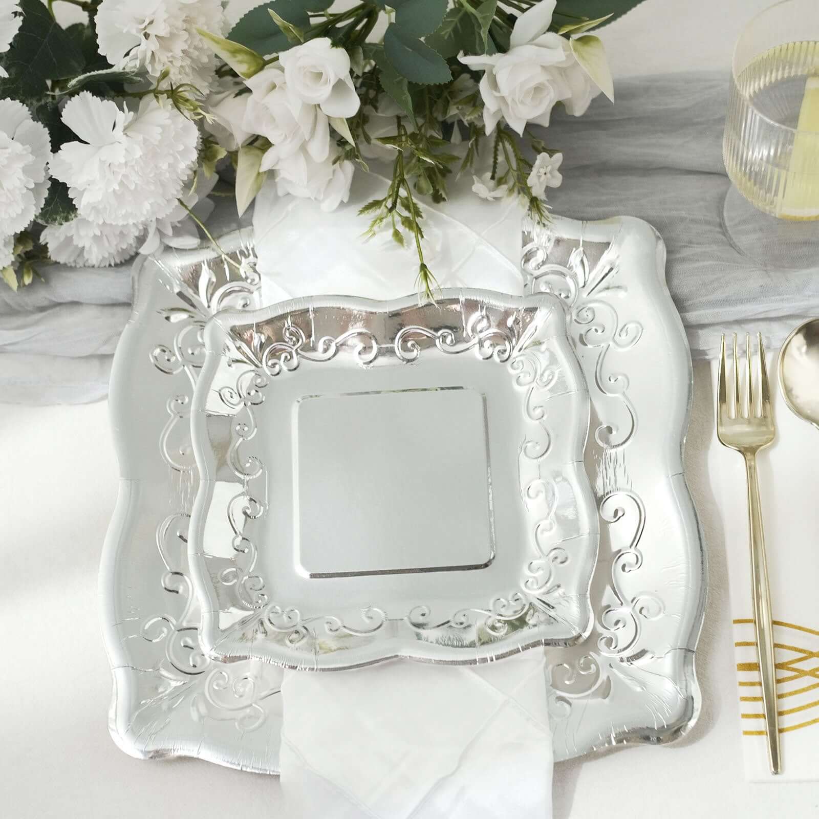 25-Pack Paper 7" Square Dessert Plates in Silver with Vintage Pottery Embossed Design - Shiny Metallic Disposable Appetizer Plates