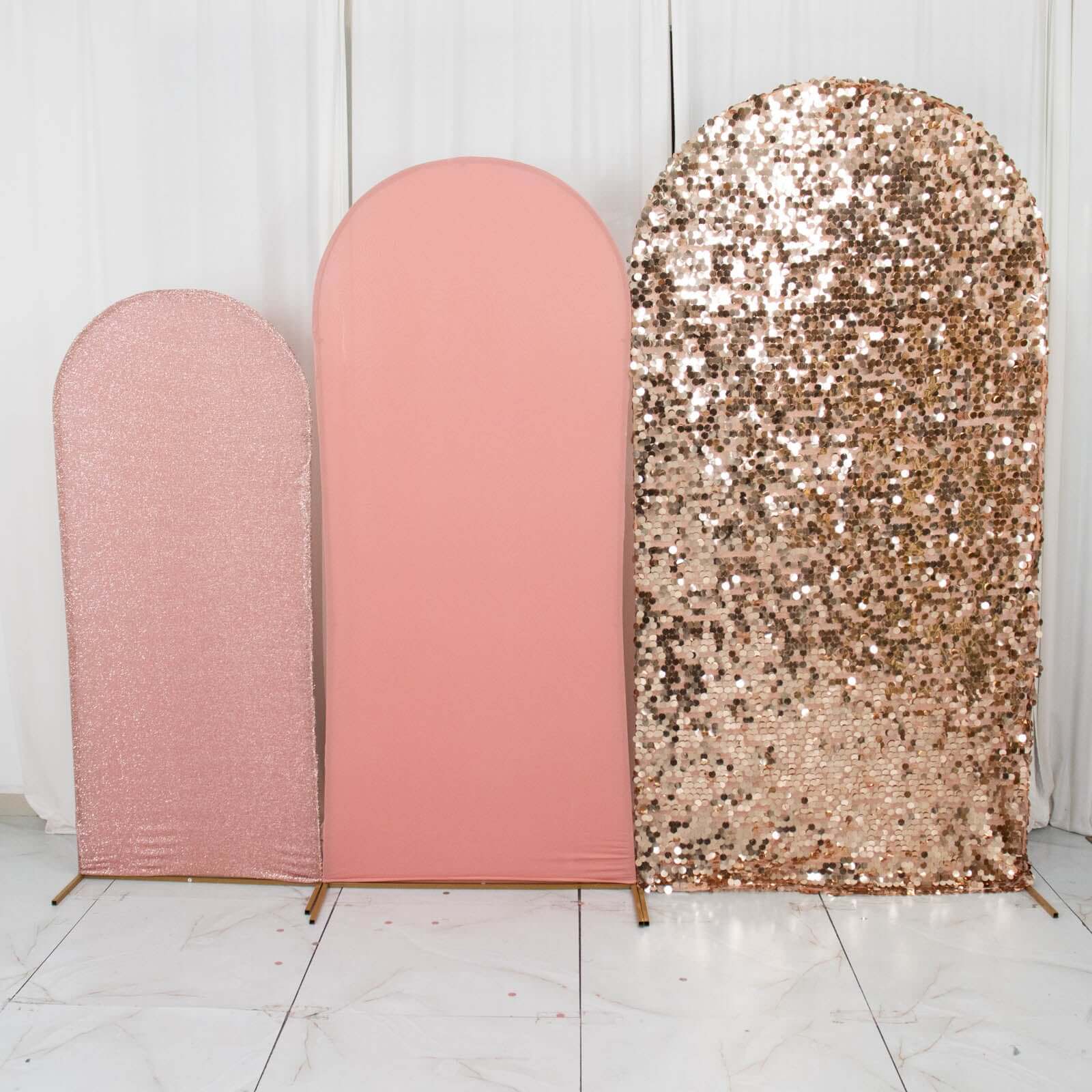 Set of 3 Rose Gold Round Top Fitted Wedding Arch Frame Covers, Big Payette Sequin, Shimmer Tinsel and Matte Spandex Backdrop Stand Covers