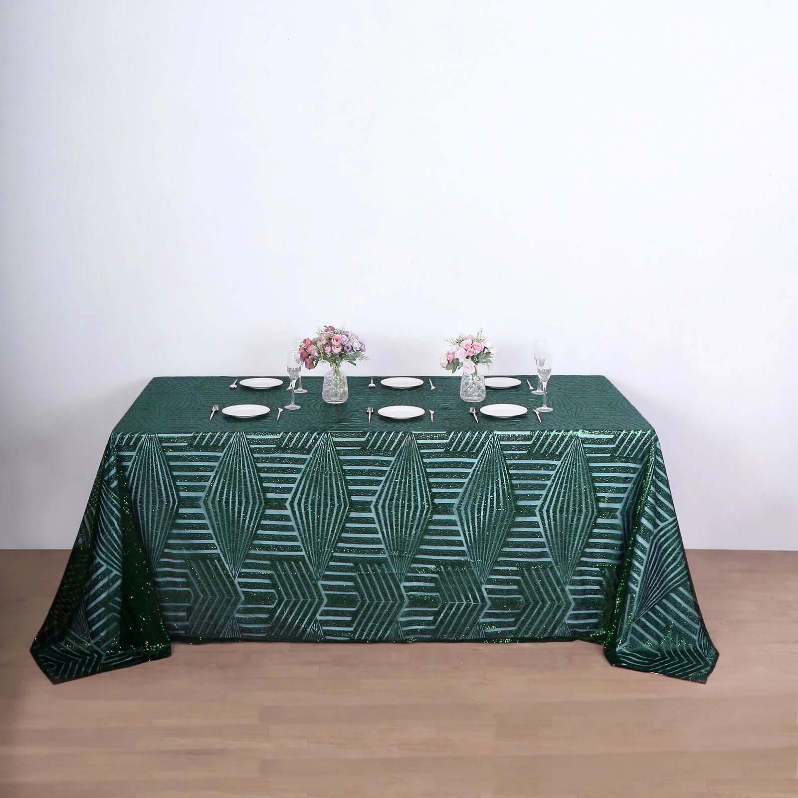 Sequin 90"x132" Rectangle Tablecloth Hunter Emerald Green - Seamless Diamond Table Cover